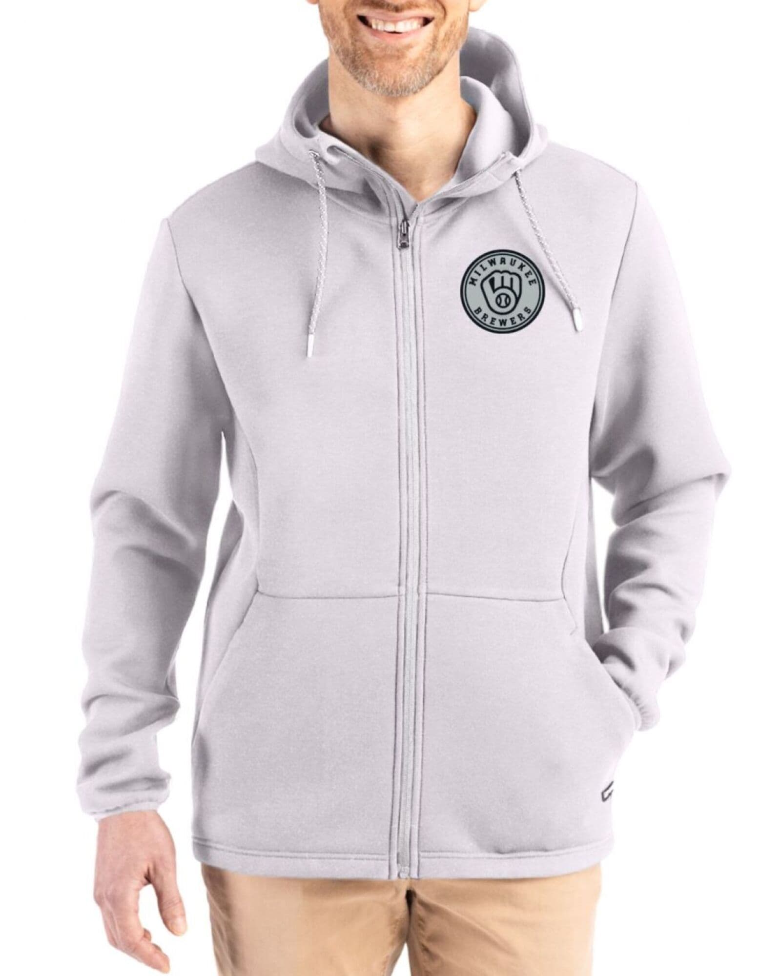 Men's Milwaukee Brewers Cutter & Buck Mono Solitare Roam Buttery-Soft Knit Full Zip Hooded Jacket