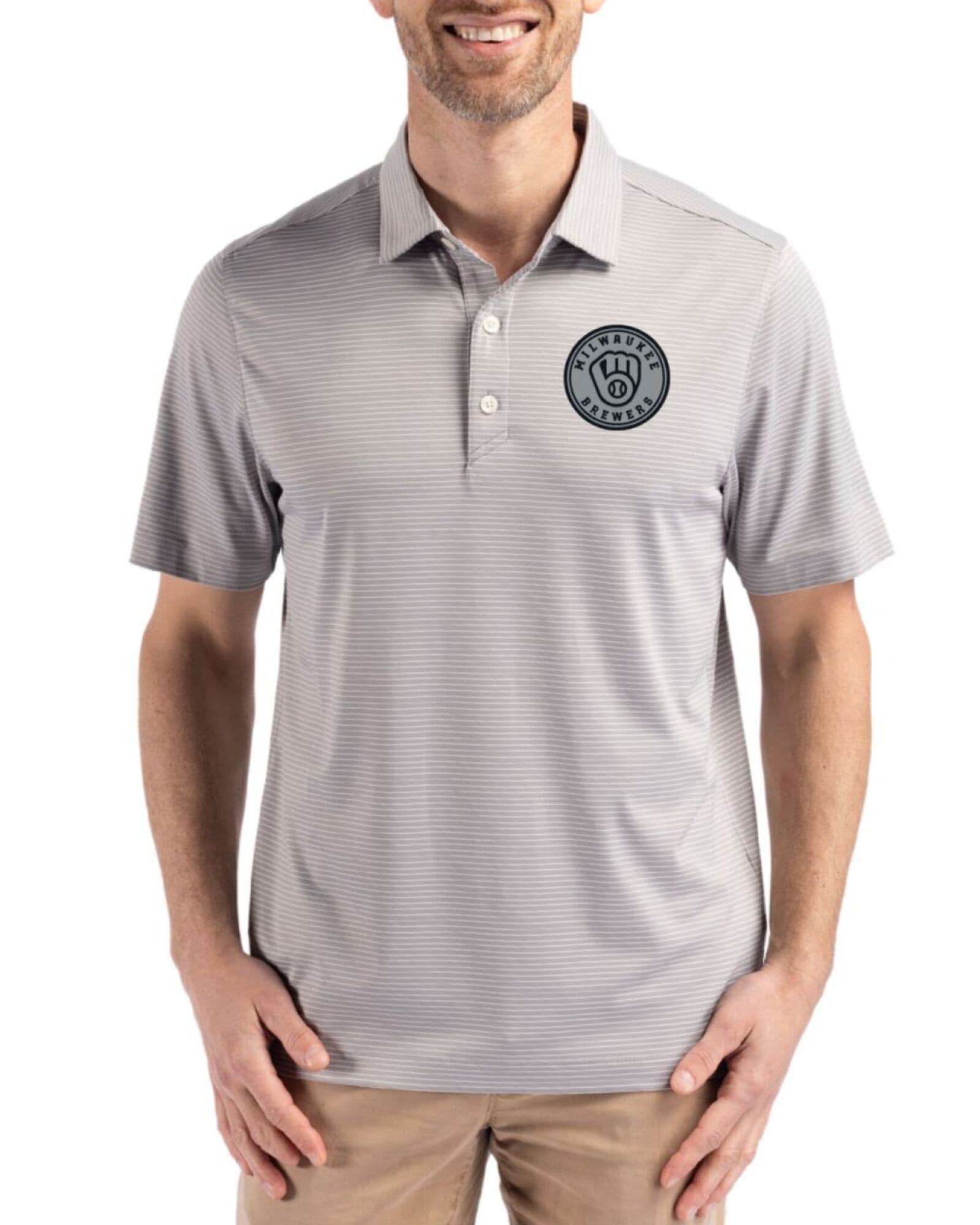 Men's Milwaukee Brewers Cutter & Buck Mono Polished/White Forge Fine Line Stripe Four-Way Stretch Polo