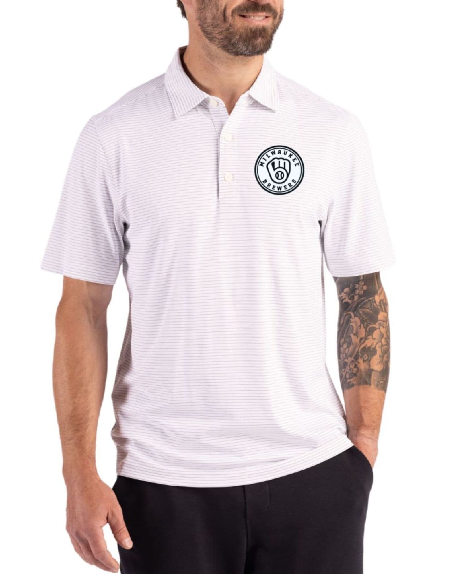 Men's Milwaukee Brewers Cutter & Buck Mono White/Polished Forge Fine Line Stripe Four-Way Stretch Polo