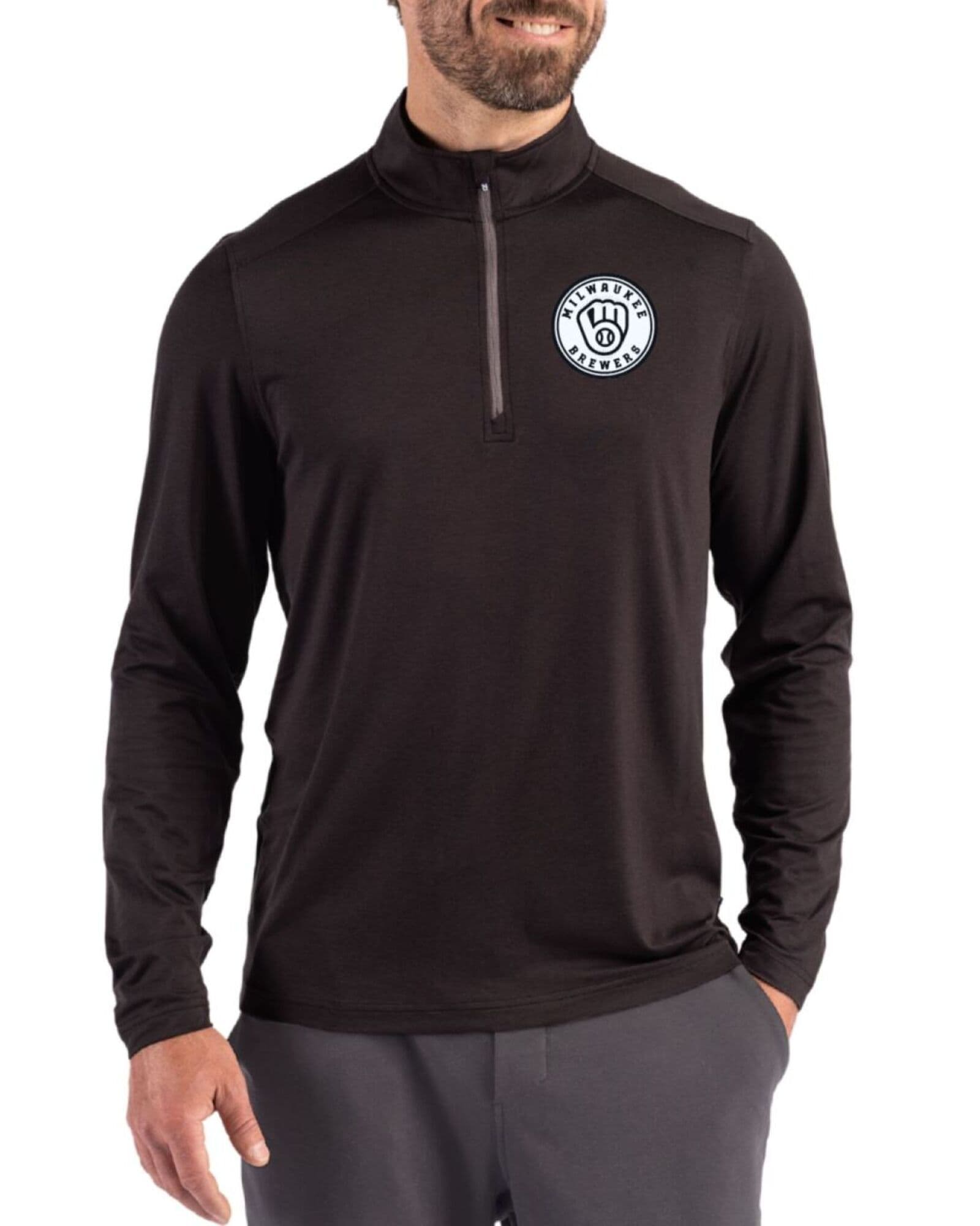 Men's Milwaukee Brewers Cutter & Buck Mono Black Coastline Double Peached Quarter Zip Pullover