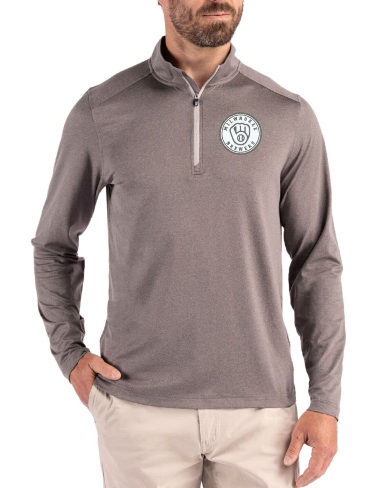Men's Milwaukee Brewers Cutter & Buck Mono Elemental Grey Coastline Double Peached Quarter Zip Pullover