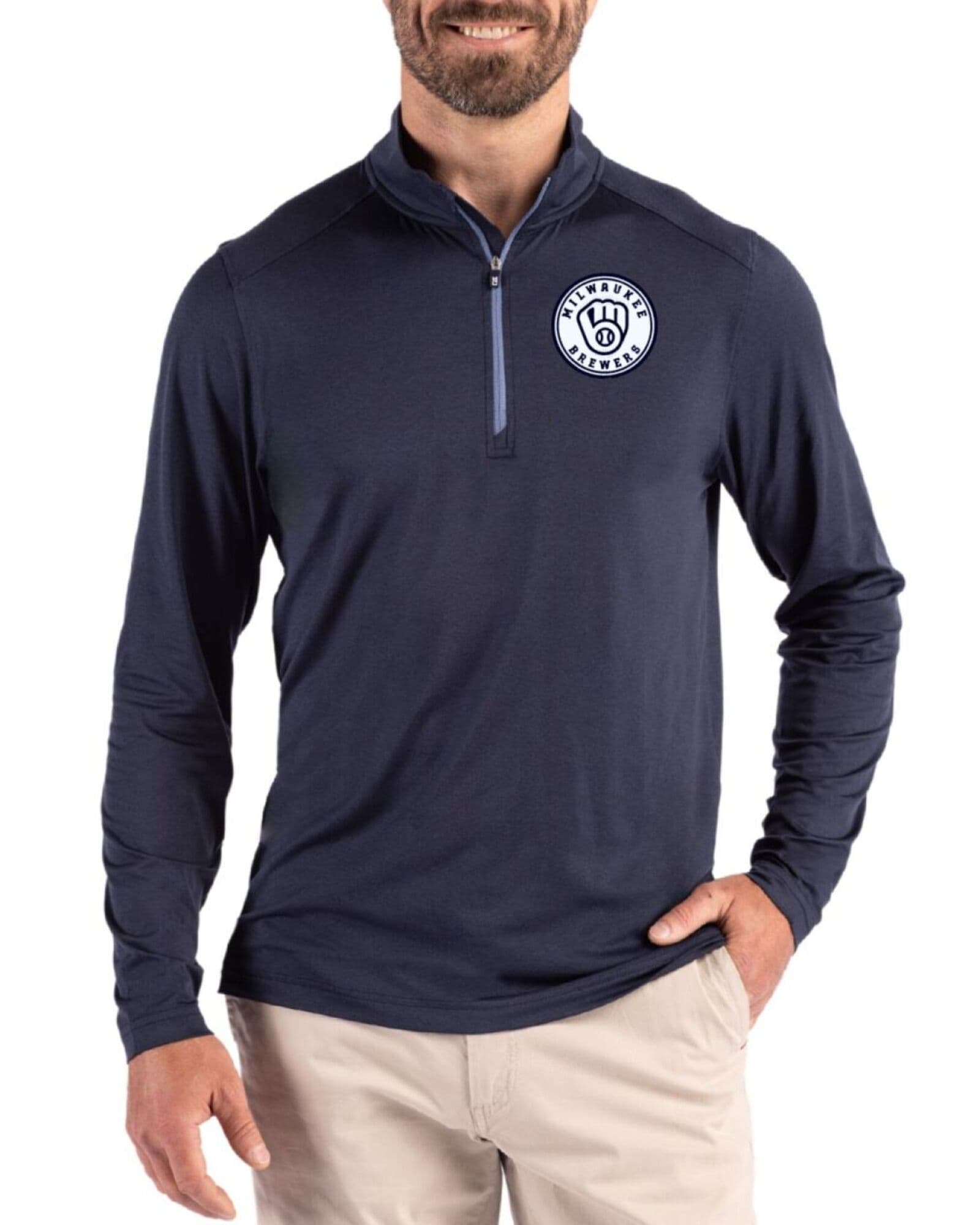 Men's Milwaukee Brewers Cutter & Buck Mono Navy Blue Coastline Double Peached Quarter Zip Pullover