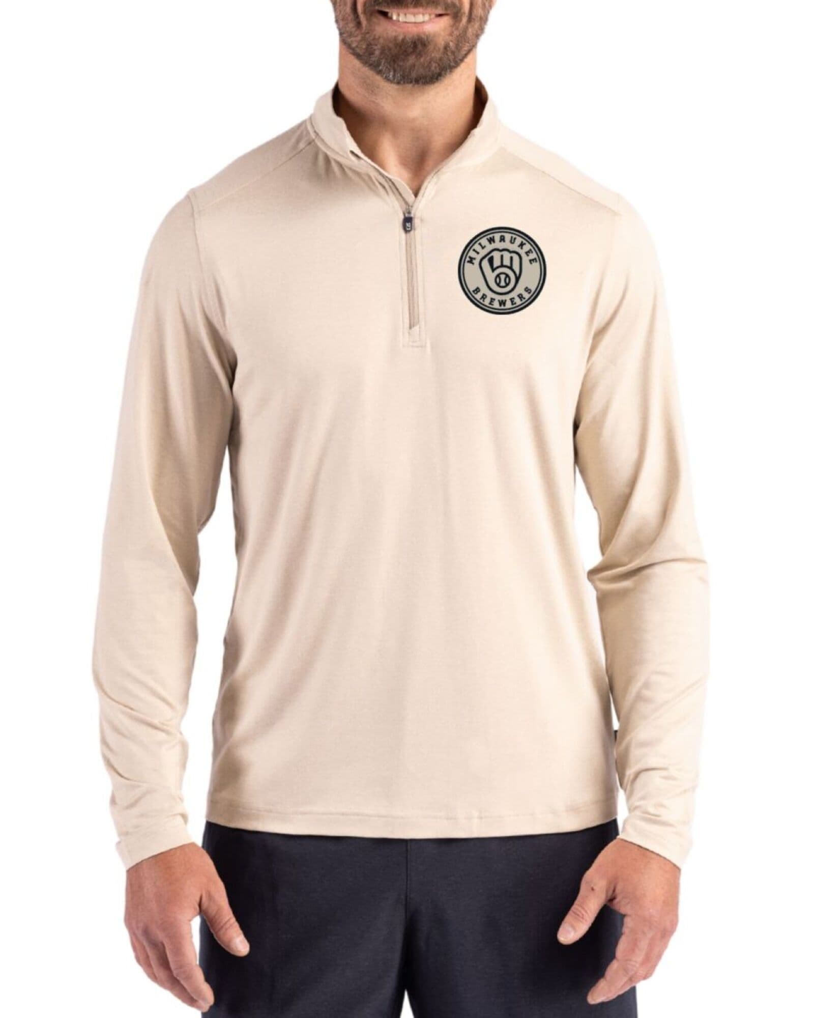 Men's Milwaukee Brewers Cutter & Buck Mono Wheat Coastline Double Peached Quarter Zip Pullover