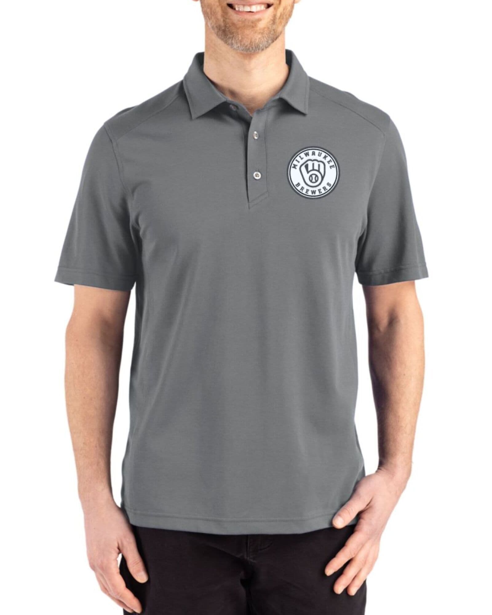 Men's Milwaukee Brewers Cutter & Buck Mono Elemental Grey Advantage Refresh Cotton-Blend Pique Polo