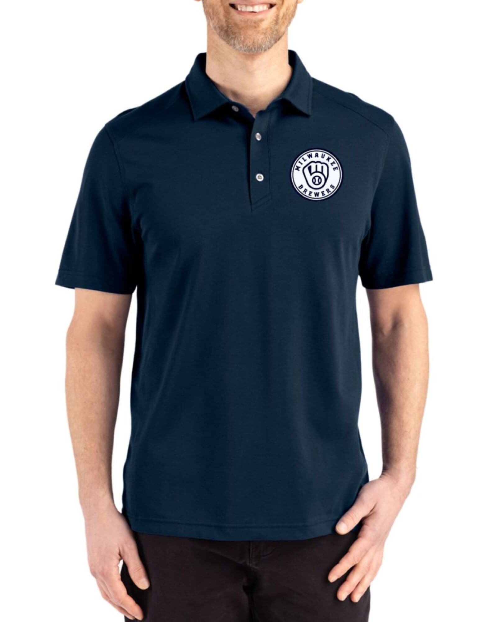 Men's Milwaukee Brewers Cutter & Buck Mono Liberty Navy Advantage Refresh Cotton-Blend Pique Polo