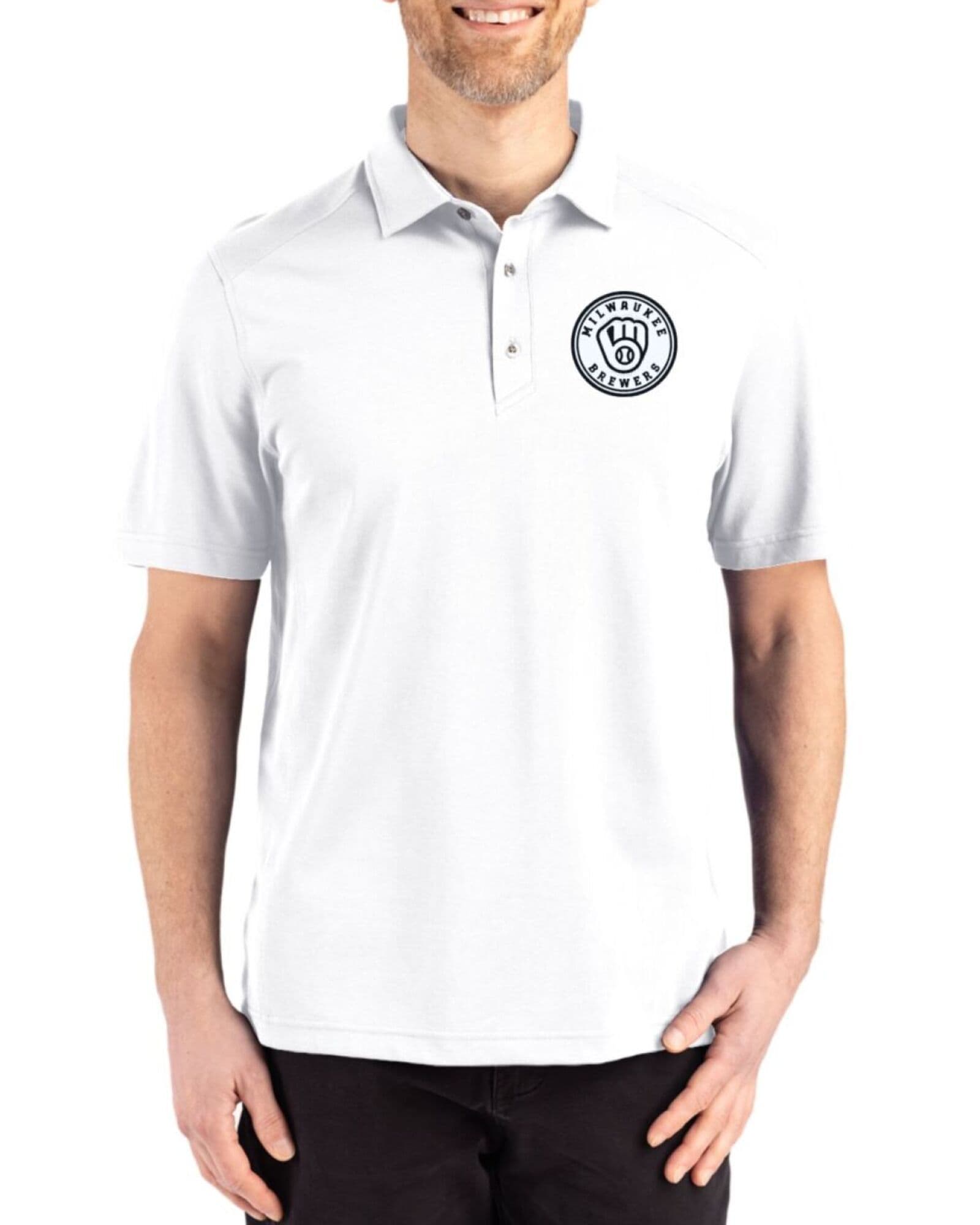 Men's Milwaukee Brewers Cutter & Buck Mono White Advantage Refresh Cotton-Blend Pique Polo