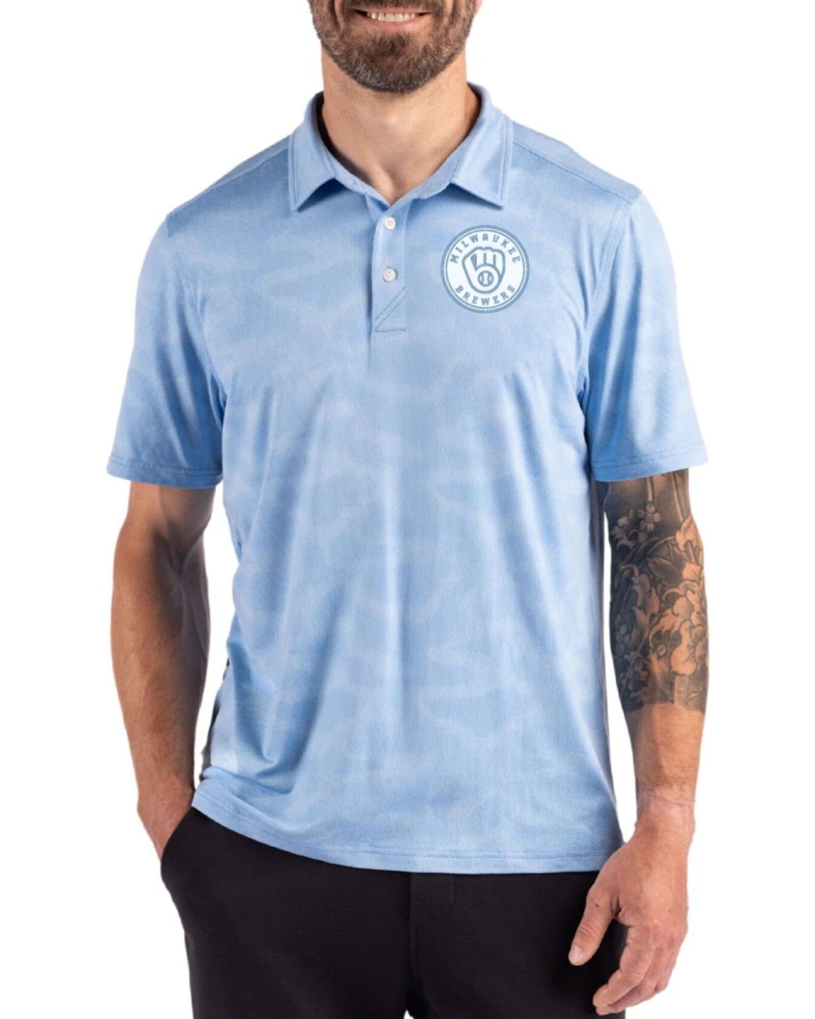 Men's Milwaukee Brewers Cutter & Buck Mono Atlas Coastline Double Peached Camo Print Polo