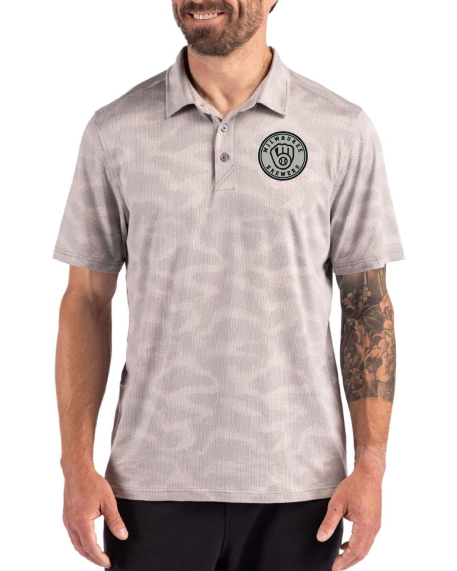 Men's Milwaukee Brewers Cutter & Buck Mono Concrete Coastline Double Peached Camo Print Polo