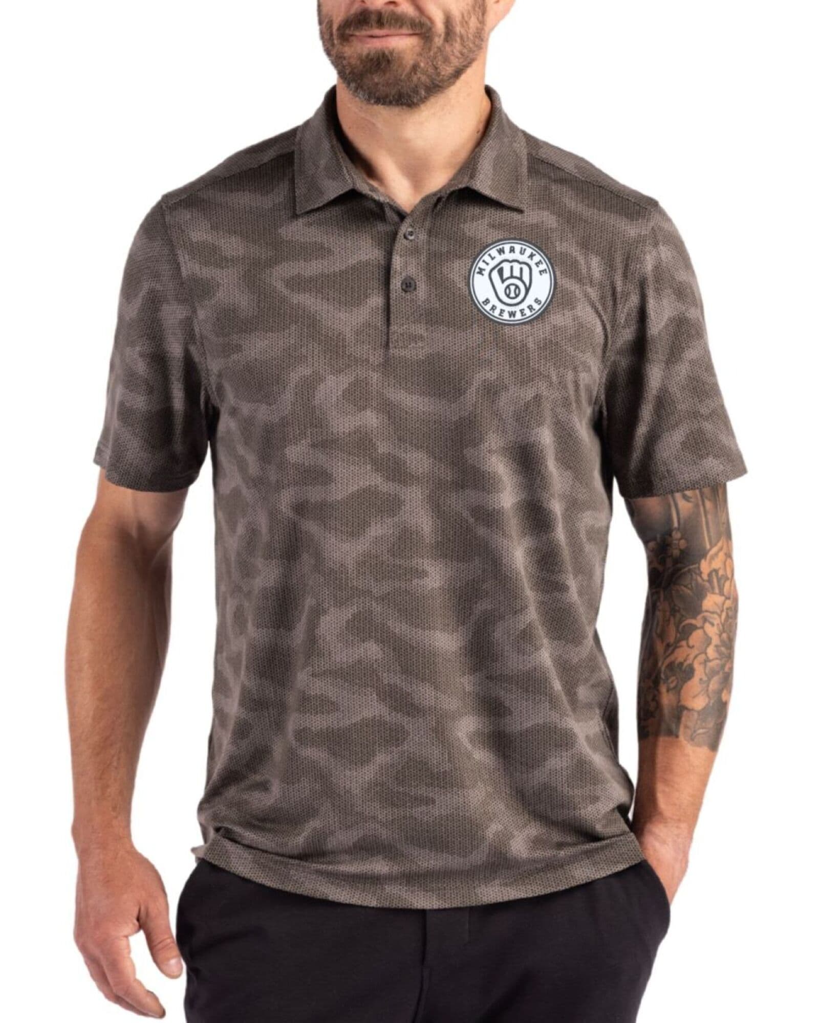 Men's Milwaukee Brewers Cutter & Buck Mono Elemental Grey Coastline Double Peached Camo Print Polo
