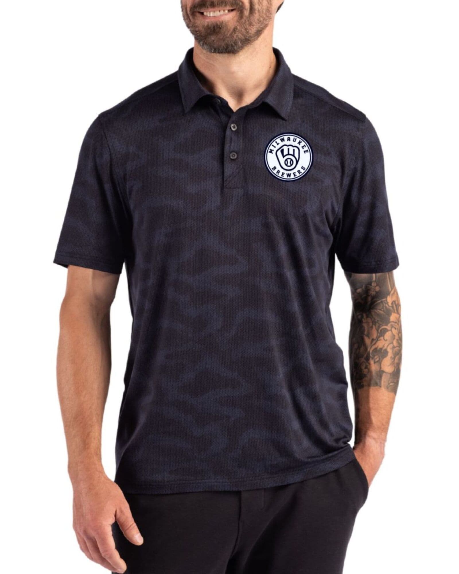 Men's Milwaukee Brewers Cutter & Buck Mono Navy Blue Coastline Double Peached Camo Print Polo