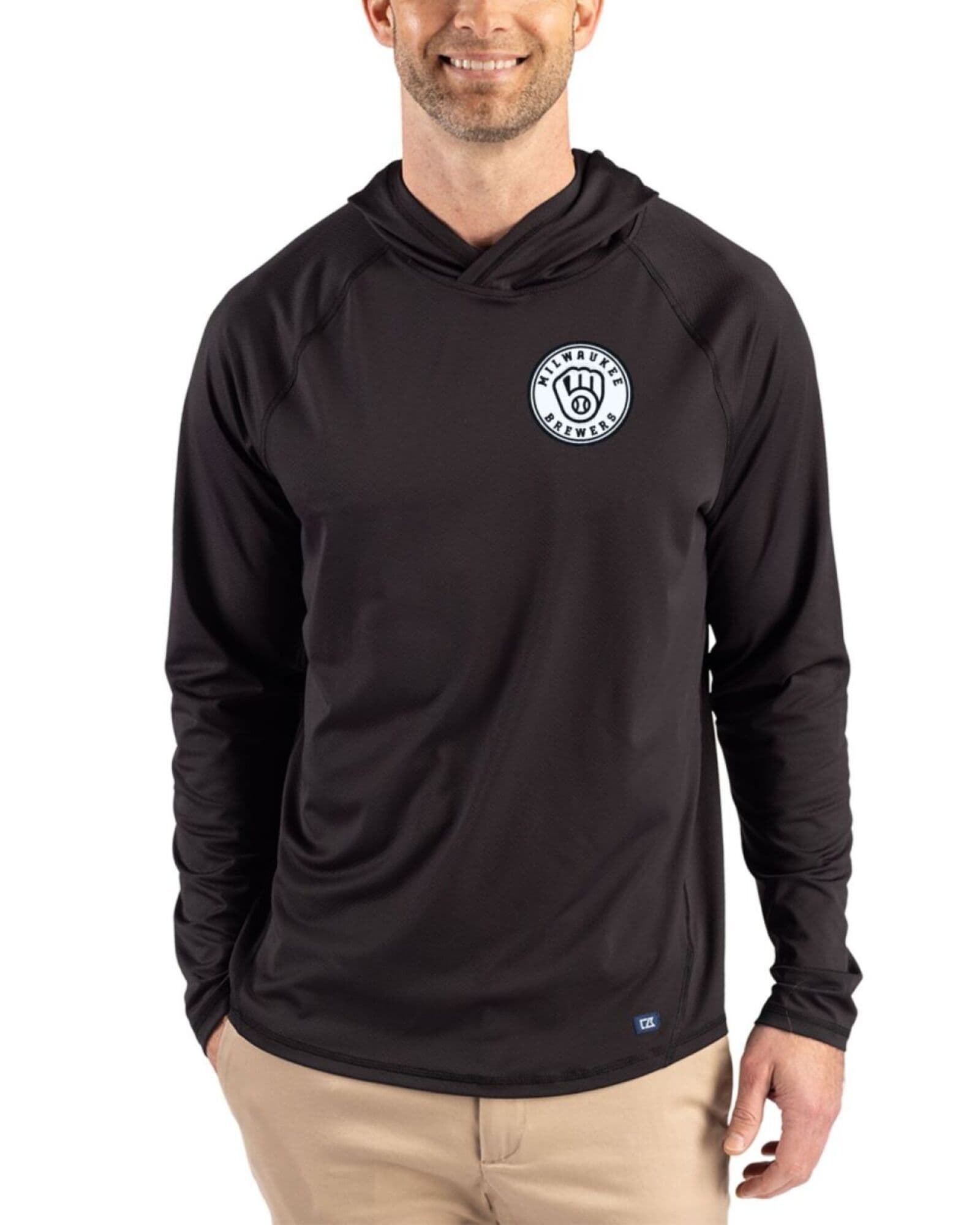 Men's Milwaukee Brewers Cutter & Buck Mono Black Prospect Featherlight Stretch Hooded Pullover
