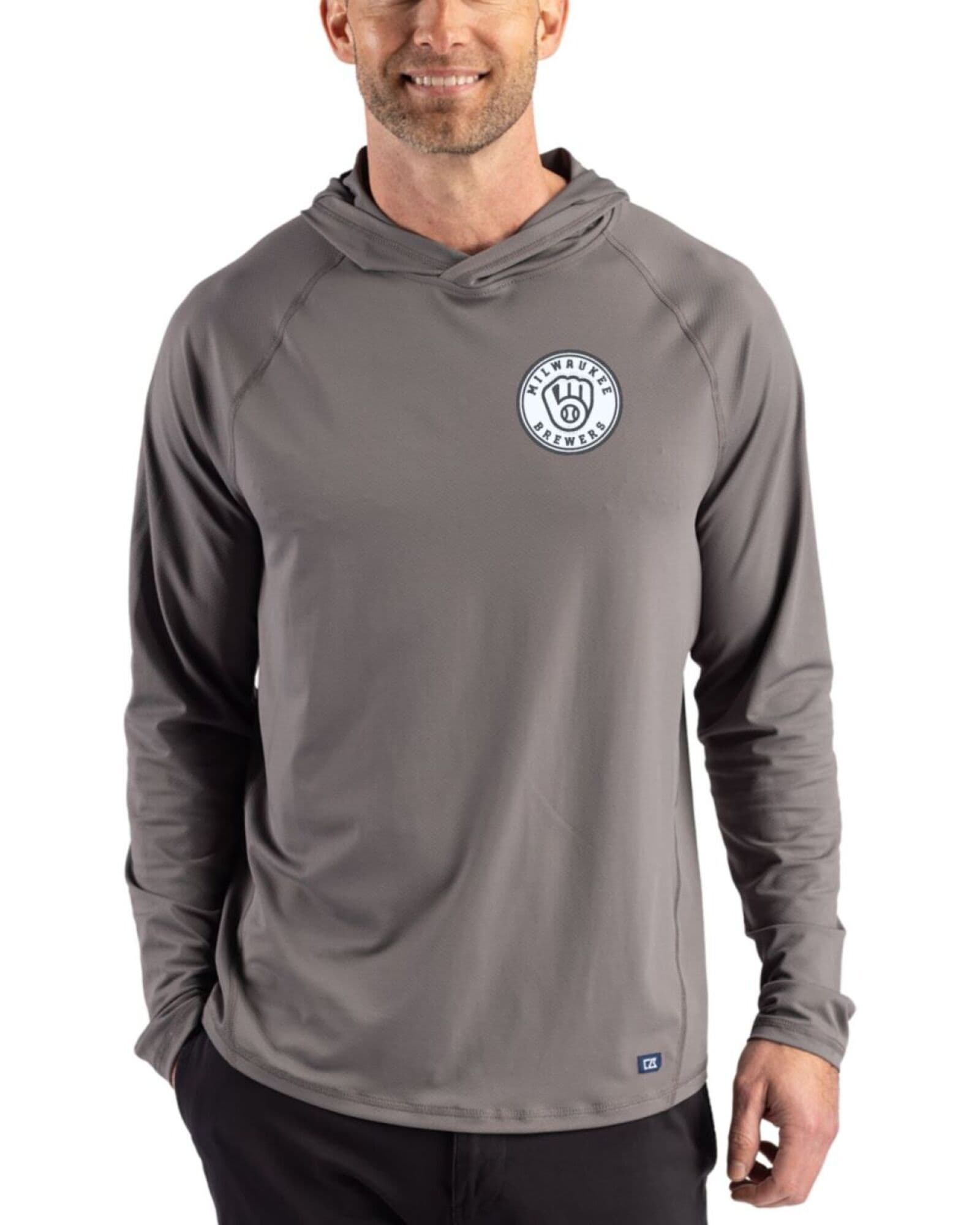 Men's Milwaukee Brewers Cutter & Buck Mono Elemental Grey Prospect Featherlight Stretch Hooded Pullover