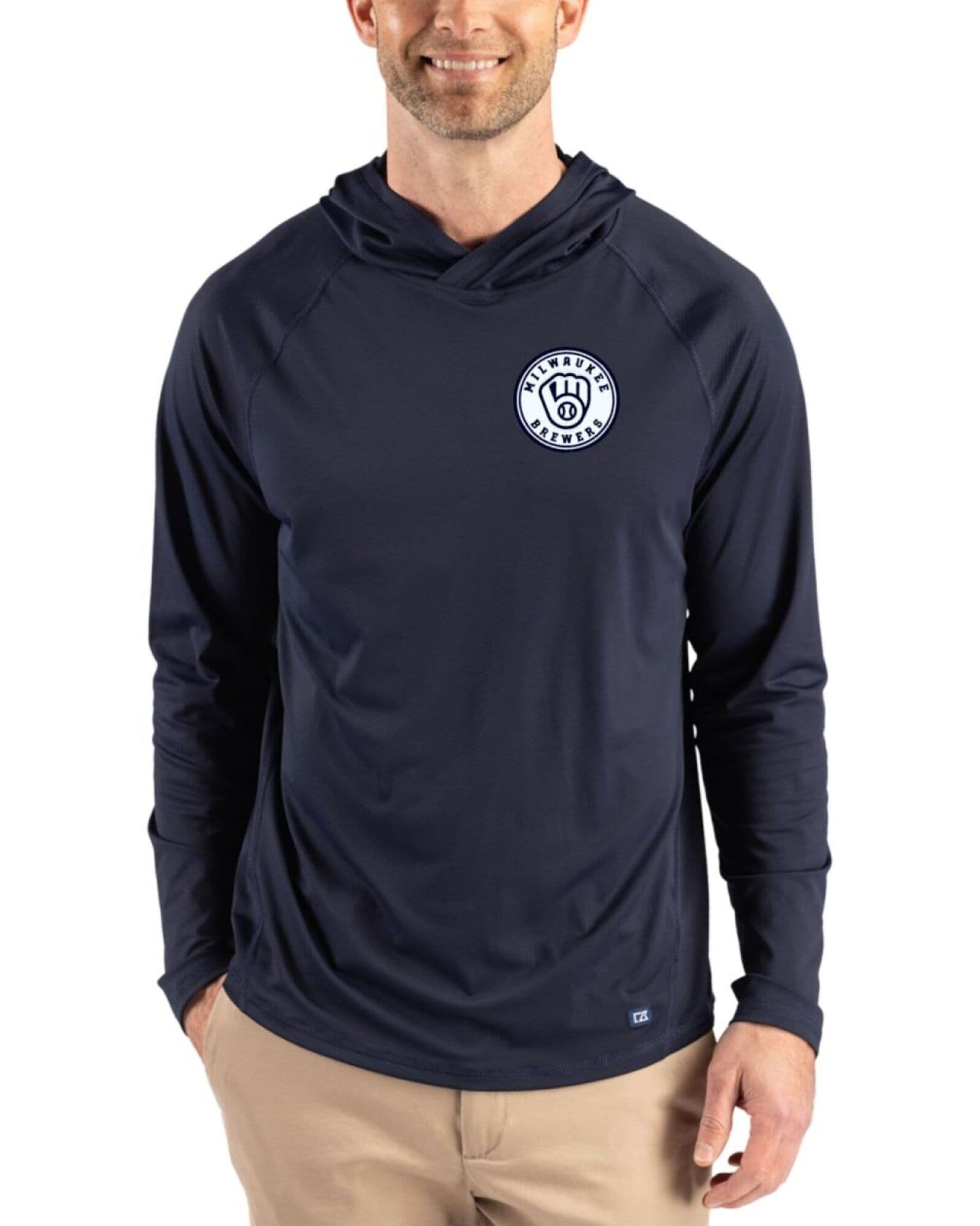 Men's Milwaukee Brewers Cutter & Buck Mono Navy Blue Prospect Featherlight Stretch Hooded Pullover