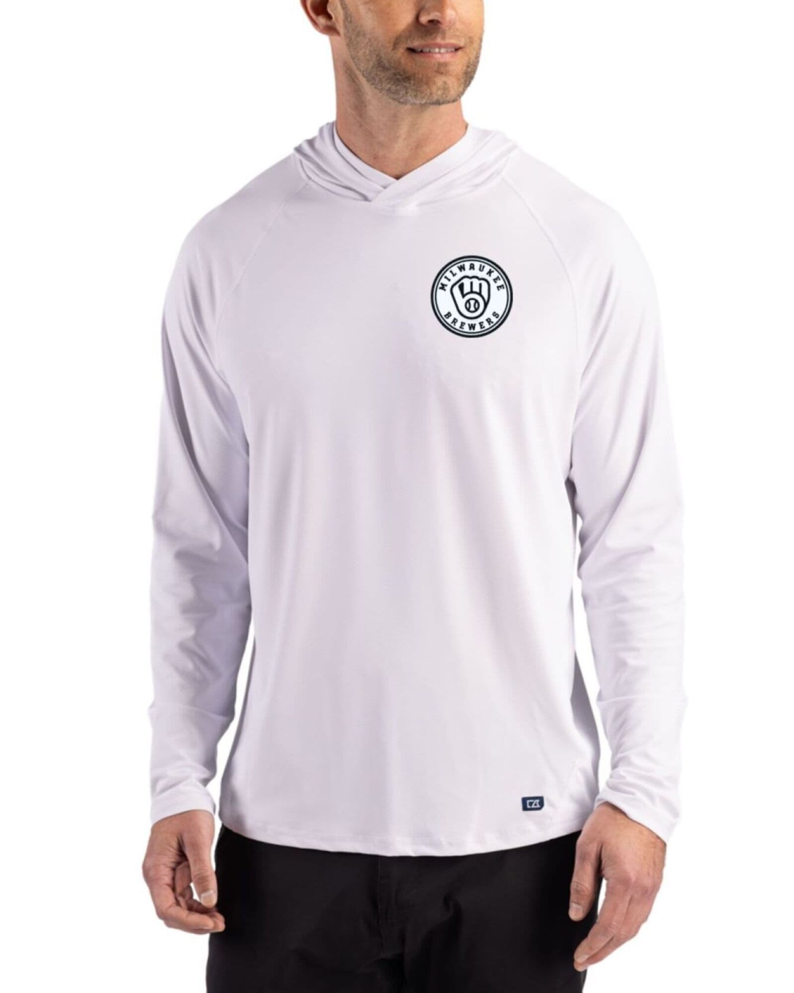 Men's Milwaukee Brewers Cutter & Buck Mono White Prospect Featherlight Stretch Hooded Pullover