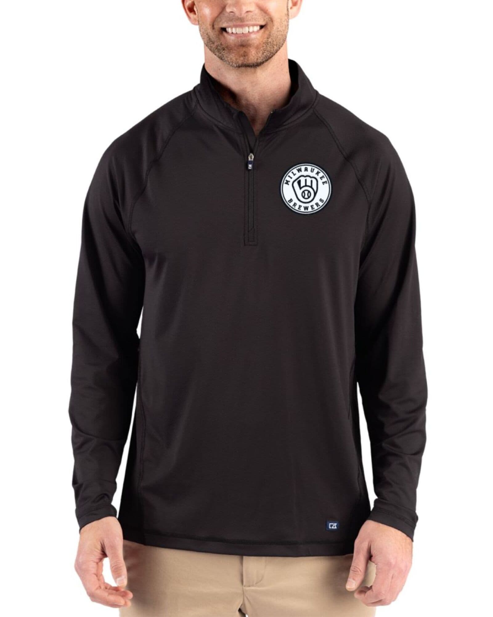 Men's Milwaukee Brewers Cutter & Buck Mono Black Prospect Featherlight Stretch Quarter Zip