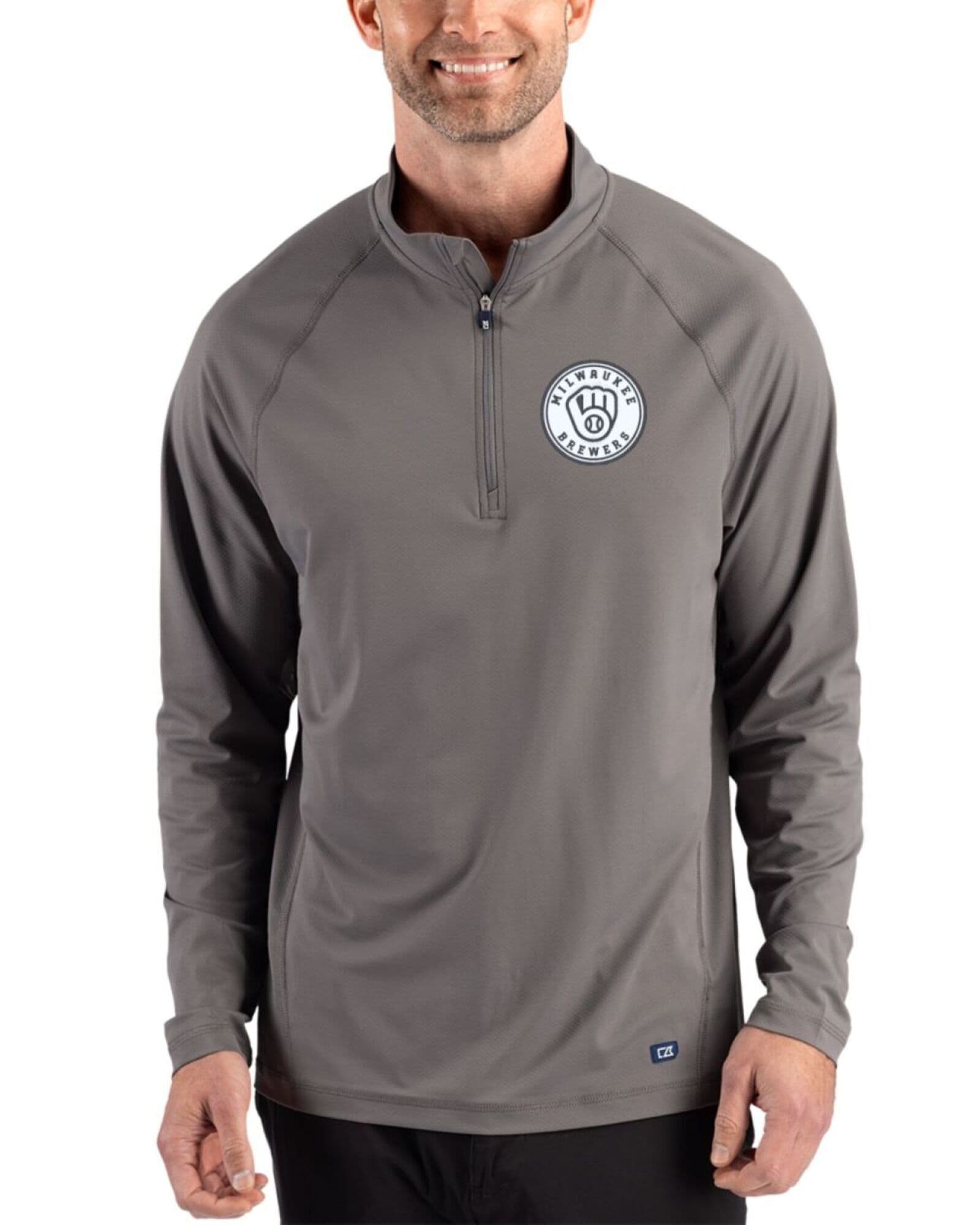 Men's Milwaukee Brewers Cutter & Buck Mono Elemental Grey Prospect Featherlight Stretch Quarter Zip