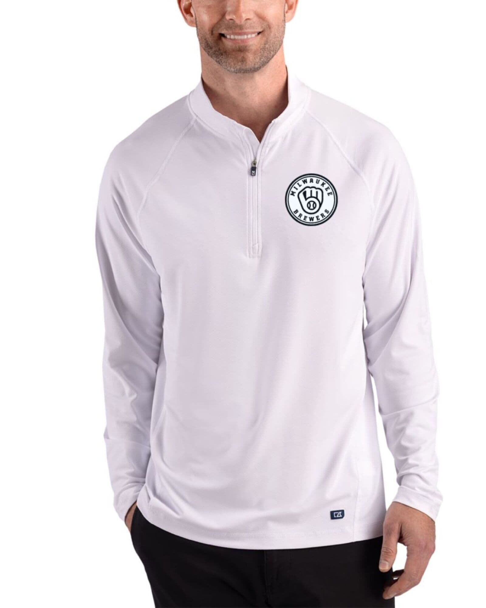 Men's Milwaukee Brewers Cutter & Buck Mono White Prospect Featherlight Stretch Quarter Zip