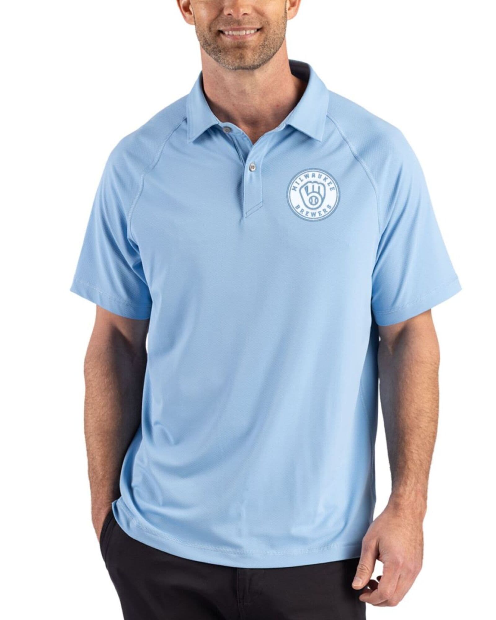 Men's Milwaukee Brewers Cutter & Buck Mono Atlas Prospect Featherlight Stretch Sport Polo