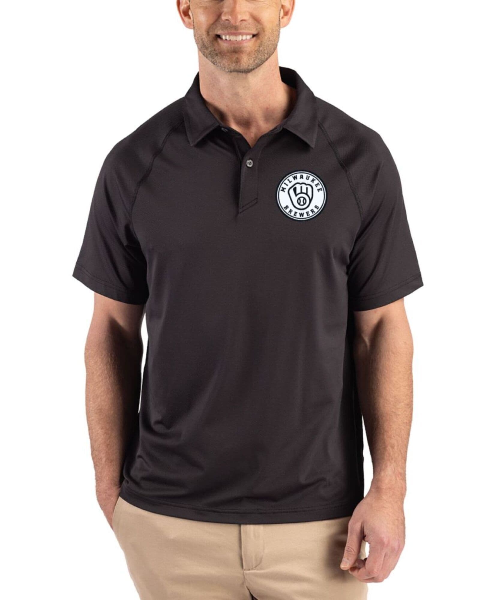 Men's Milwaukee Brewers Cutter & Buck Mono Black Prospect Featherlight Stretch Sport Polo