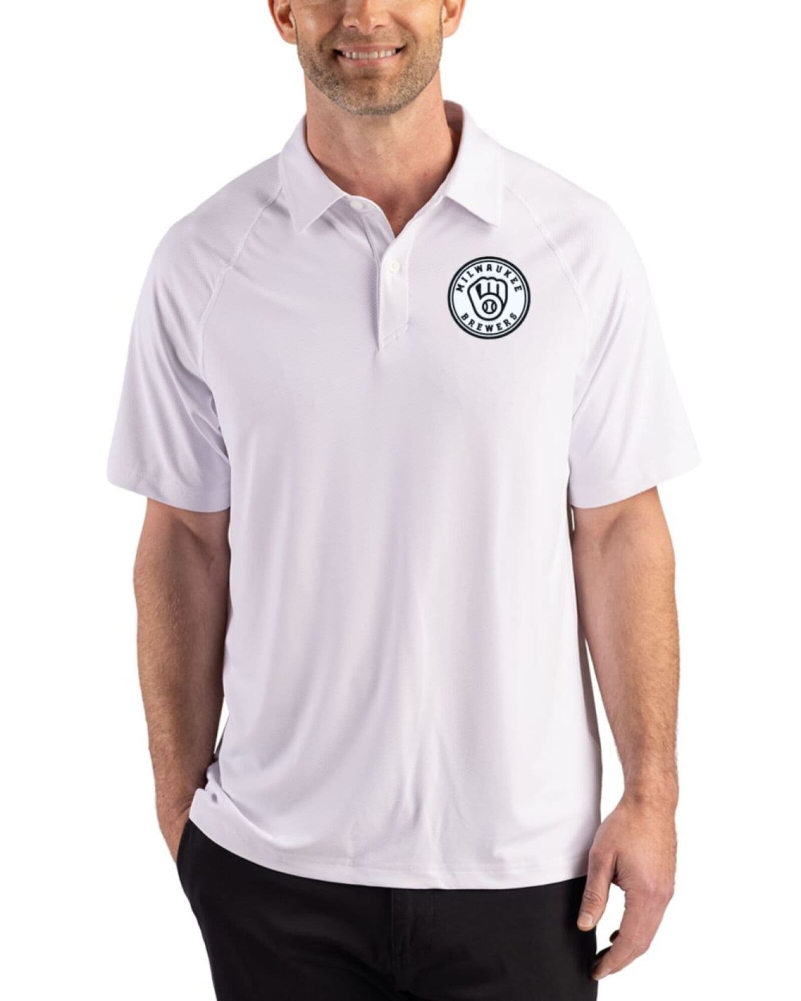 Men's Milwaukee Brewers Cutter & Buck Mono White Prospect Featherlight Stretch Sport Polo