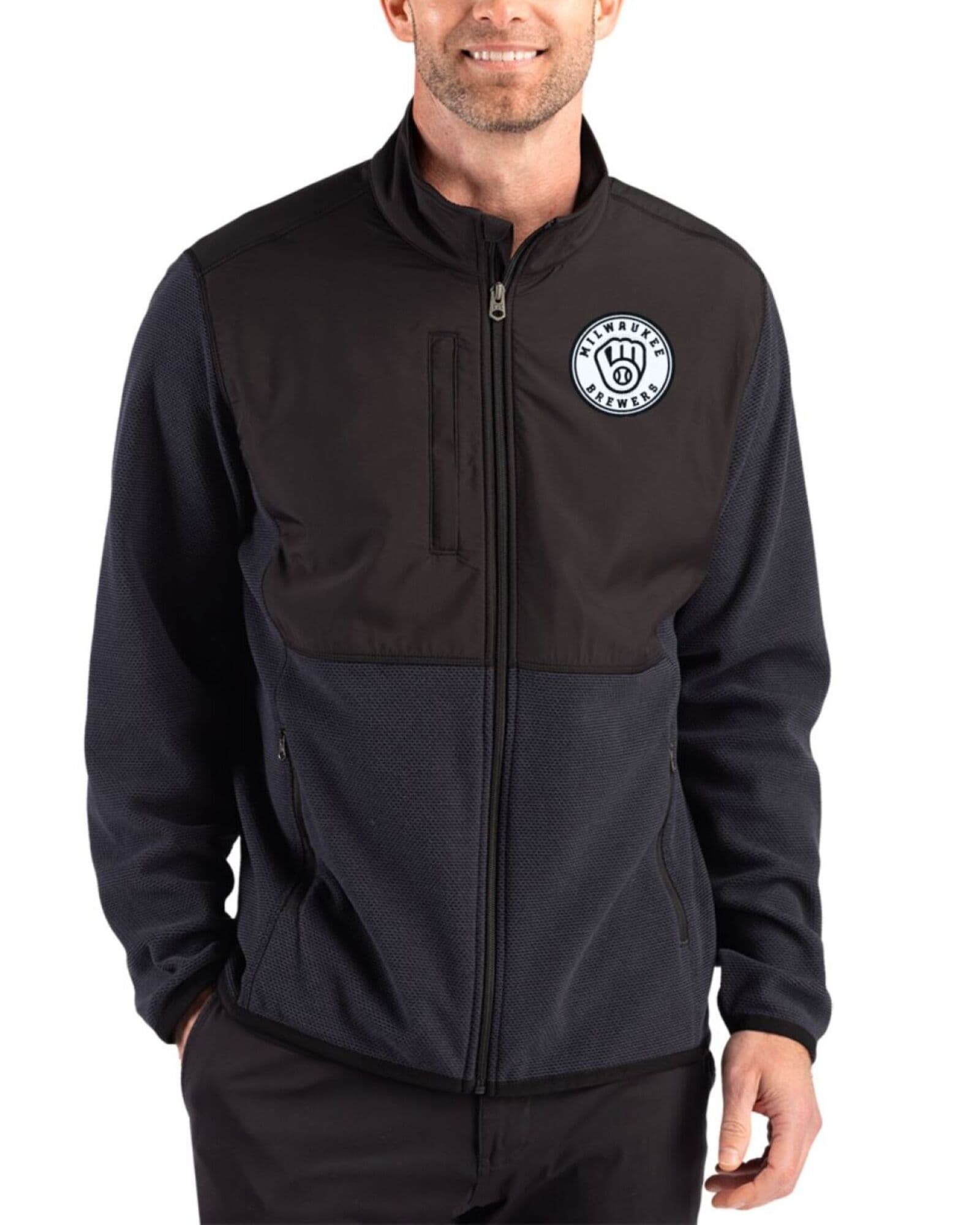 Men's Milwaukee Brewers Cutter & Buck Mono Black Hunts Point Fleece Hybrid Full Zip Jacket