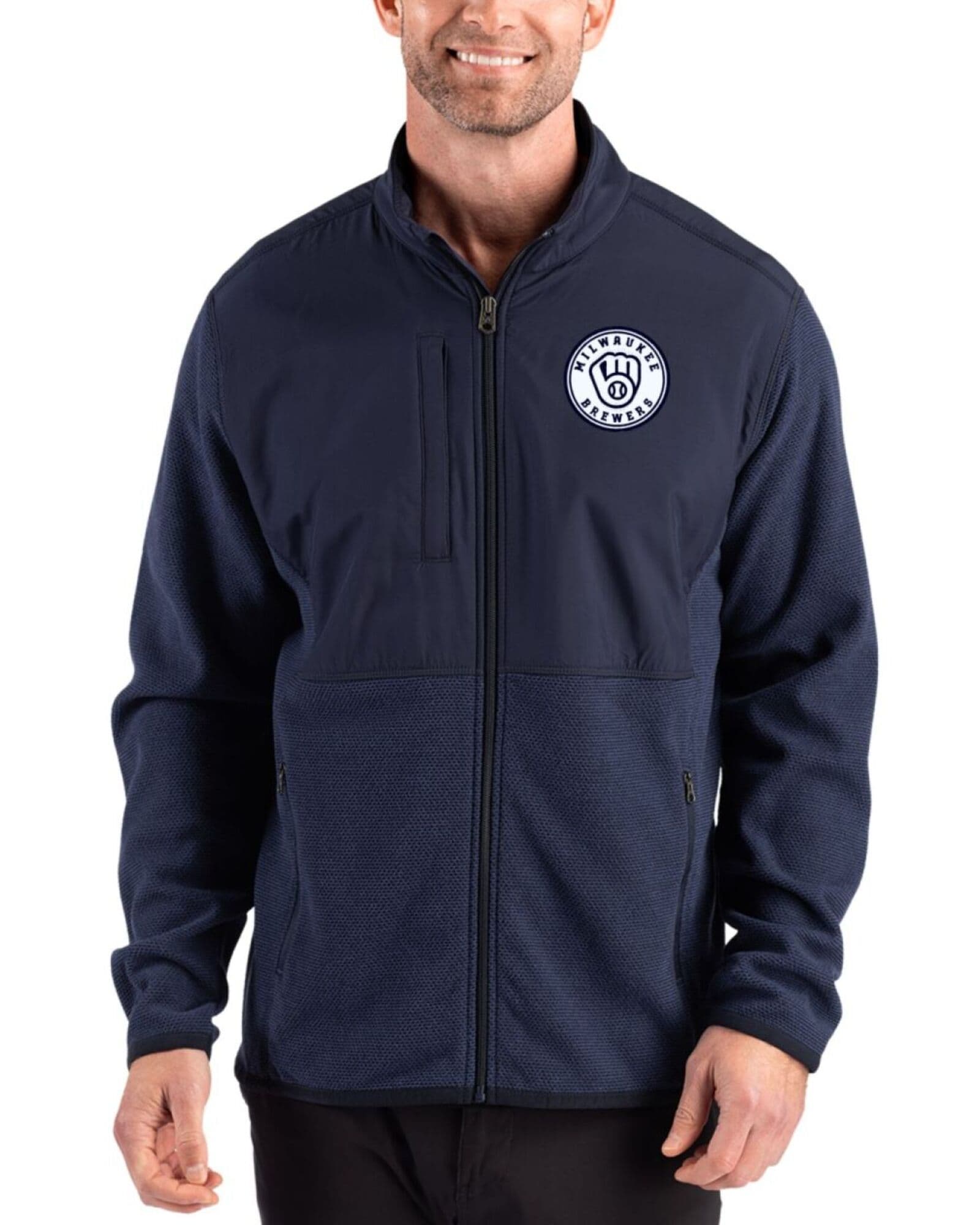 Men's Milwaukee Brewers Cutter & Buck Mono Navy Blue Hunts Point Fleece Hybrid Full Zip Jacket