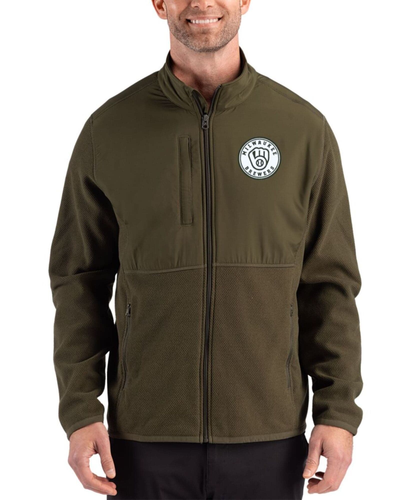 Men's Milwaukee Brewers Cutter & Buck Mono Poplar Hunts Point Fleece Hybrid Full Zip Jacket