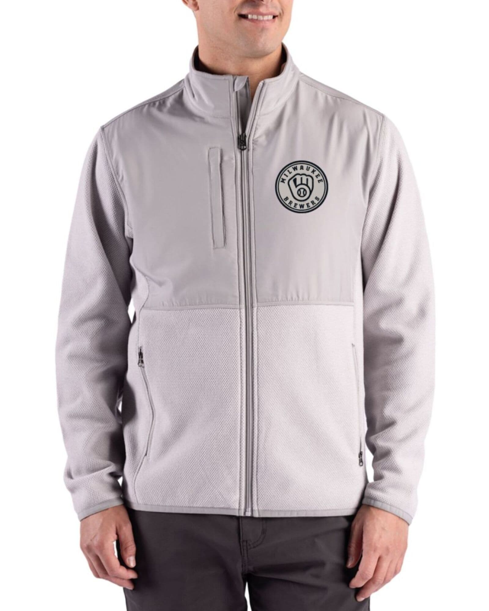 Men's Milwaukee Brewers Cutter & Buck Mono Polished Hunts Point Fleece Hybrid Full Zip Jacket