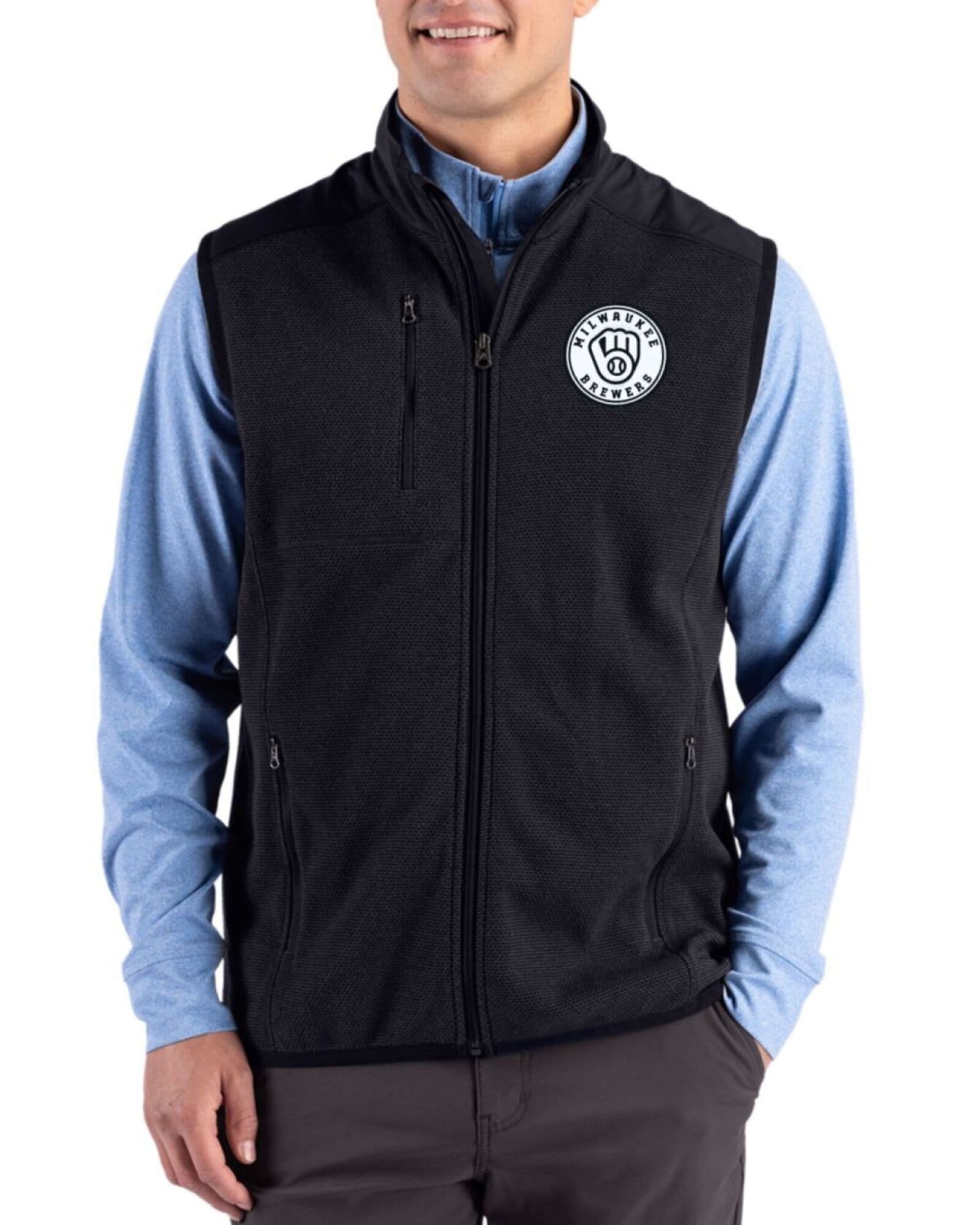 Men's Milwaukee Brewers Cutter & Buck Mono Black Hunts Point Fleece Hybrid Full Zip Vest