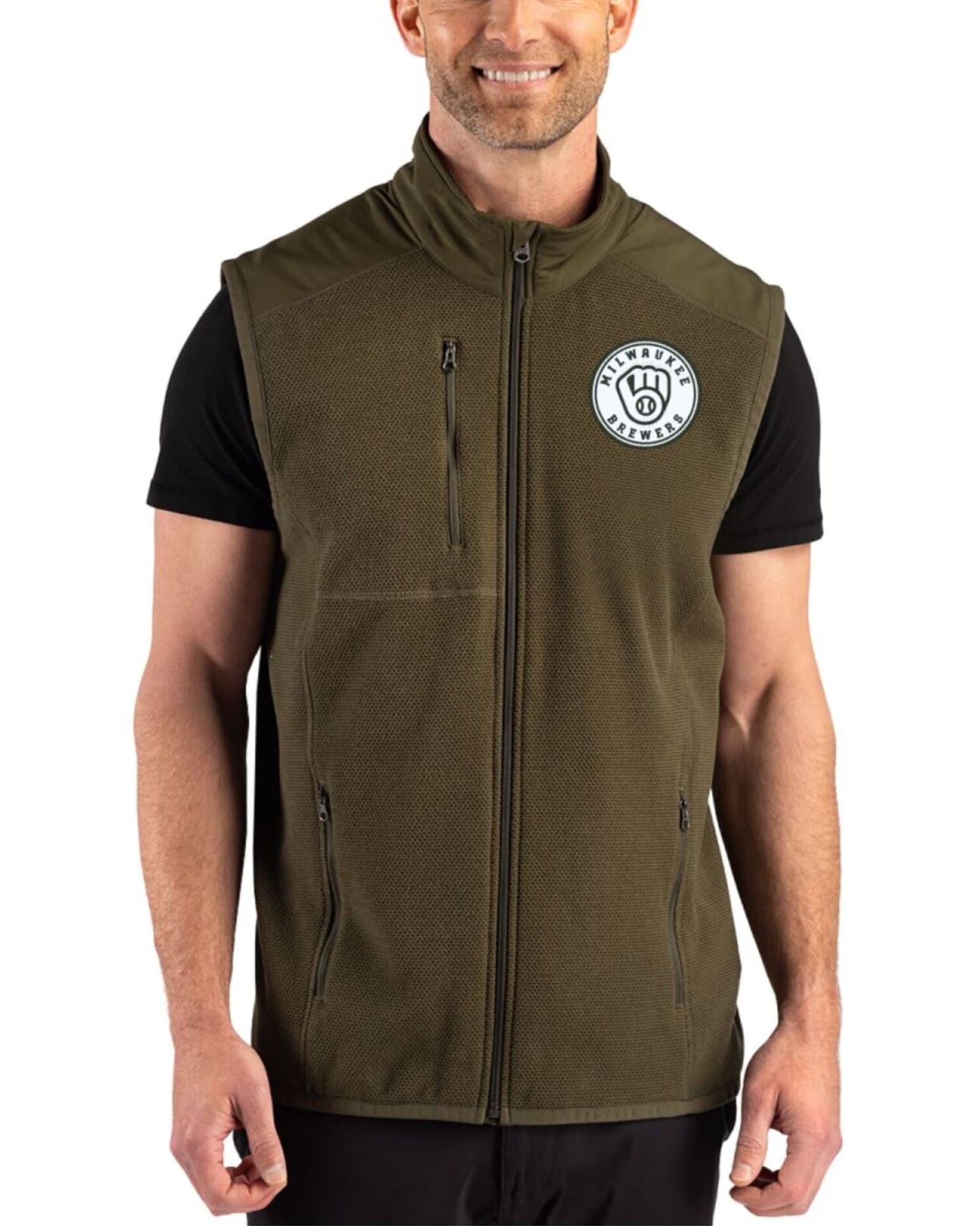 Men's Milwaukee Brewers Cutter & Buck Mono Poplar Hunts Point Fleece Hybrid Full Zip Vest
