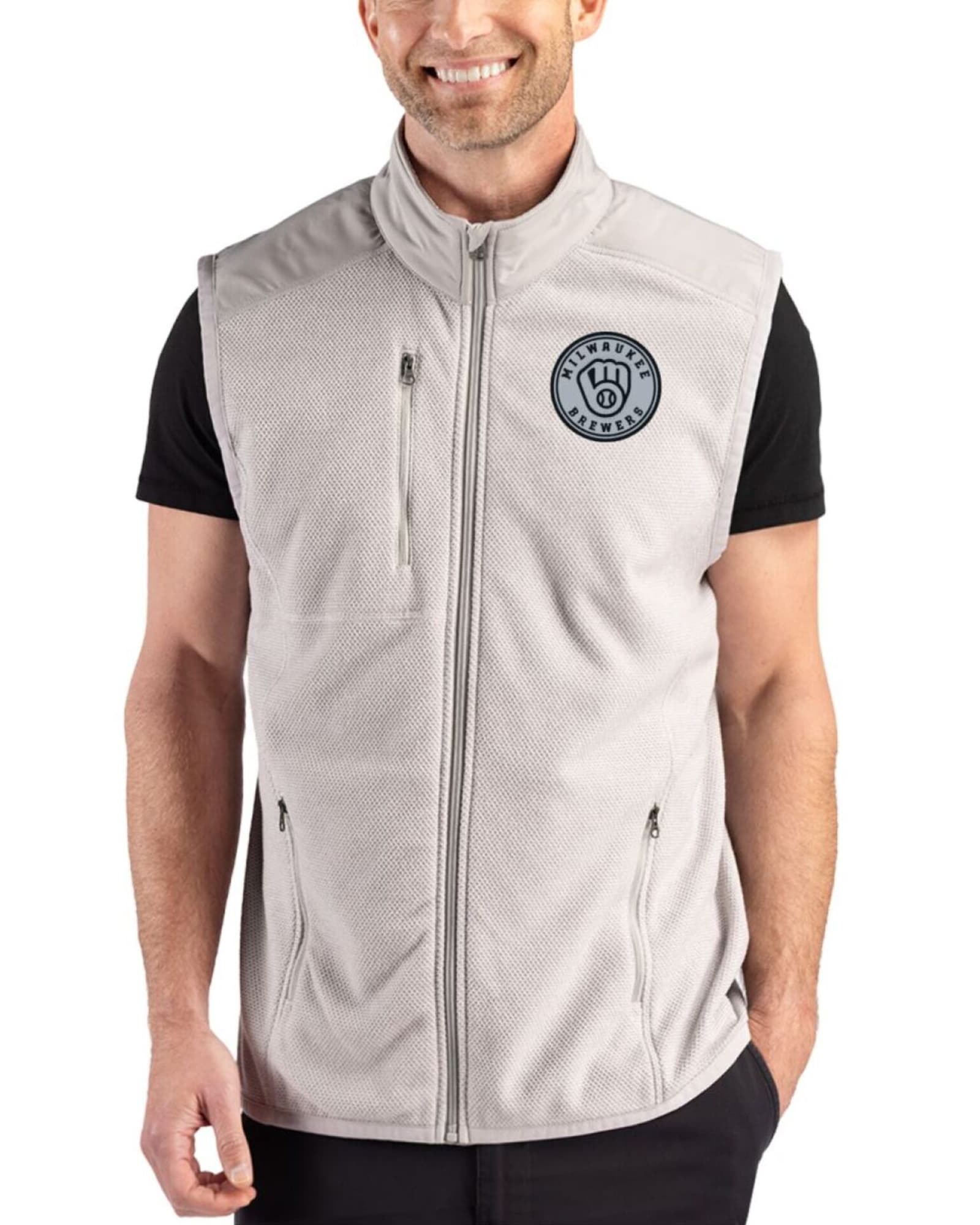 Men's Milwaukee Brewers Cutter & Buck Mono Polished Hunts Point Fleece Hybrid Full Zip Vest
