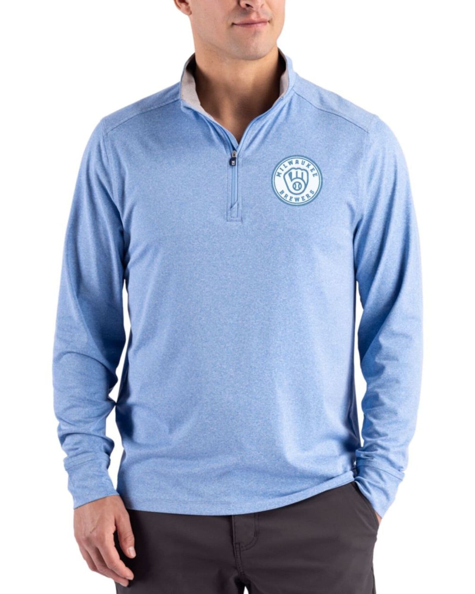 Men's Milwaukee Brewers Cutter & Buck Mono Dark Atlas Heather Forge Four-Way Stretch Quarter Zip Pullover