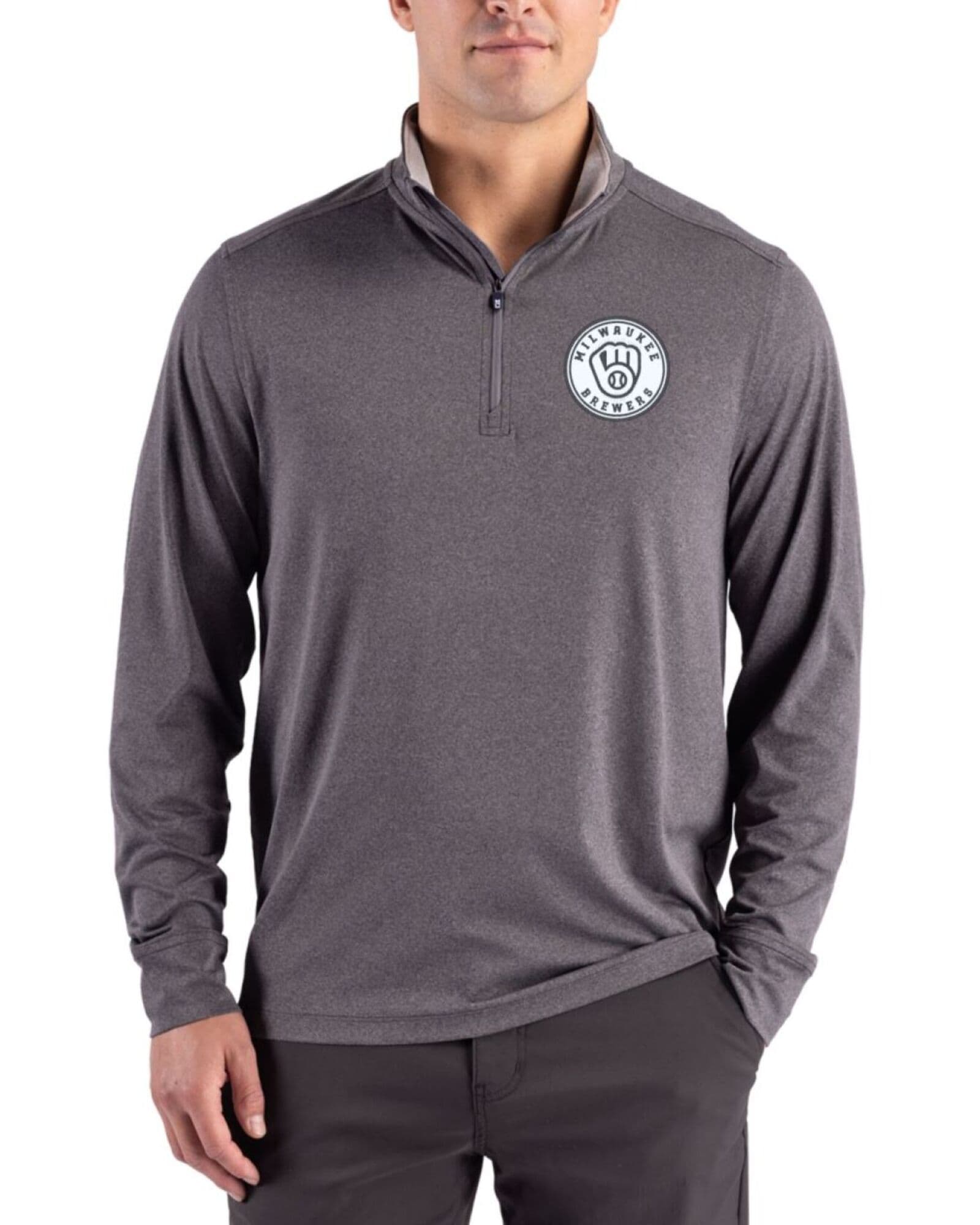 Men's Milwaukee Brewers Cutter & Buck Mono Dark Black Heather Forge Four-Way Stretch Quarter Zip Pullover