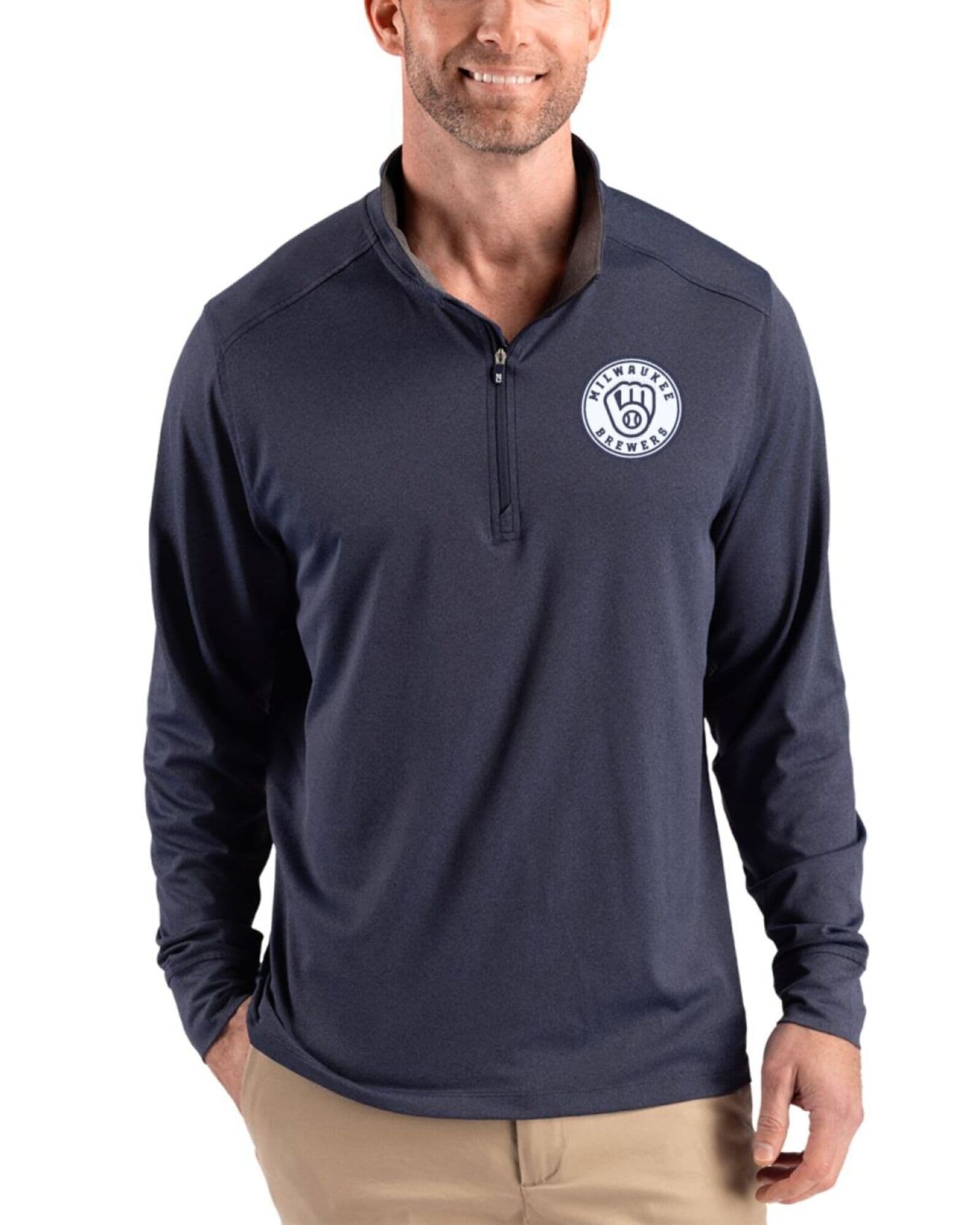 Men's Milwaukee Brewers Cutter & Buck Mono Dark Navy Blue Heather Forge Four-Way Stretch Quarter Zip Pullover