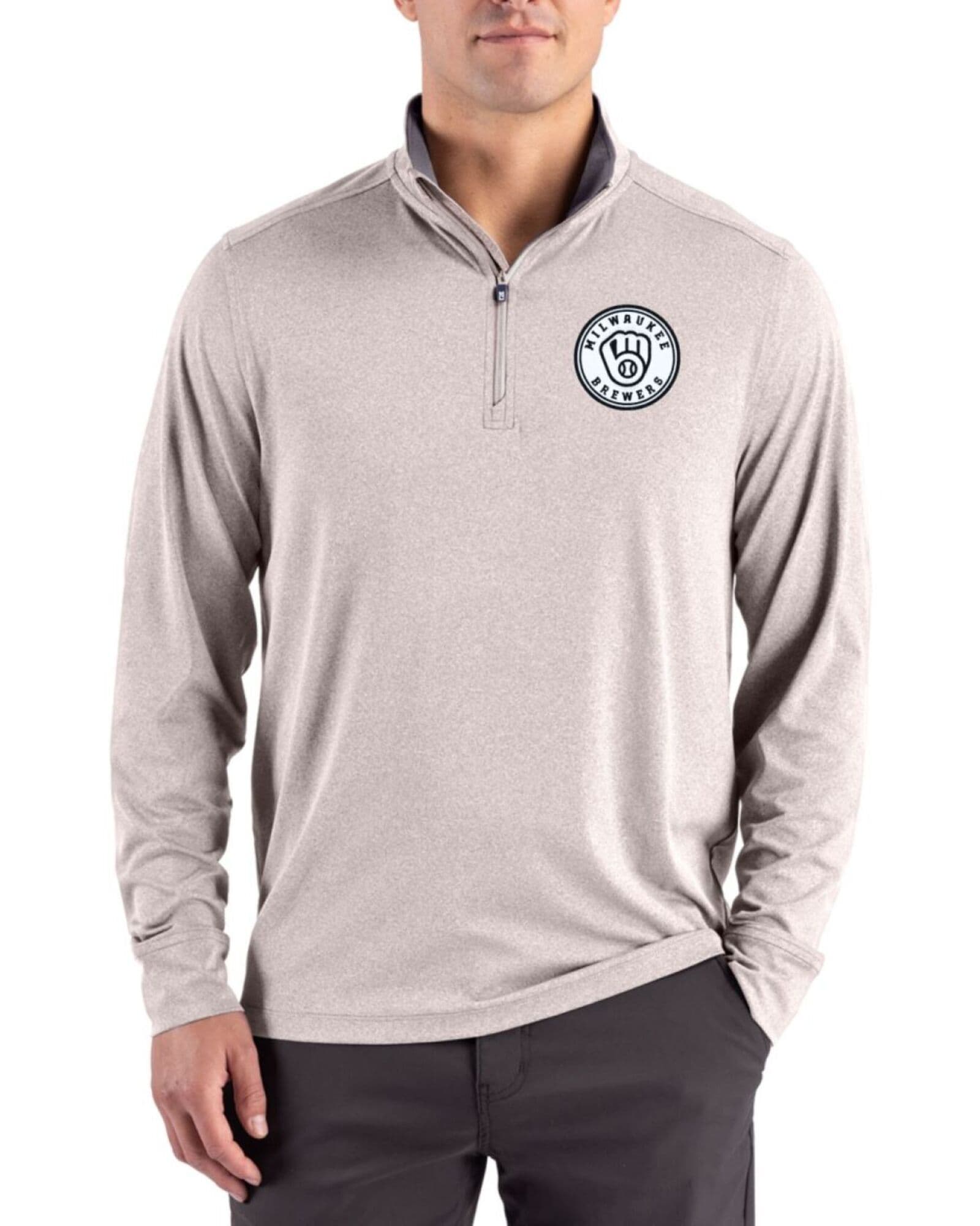 Men's Milwaukee Brewers Cutter & Buck Mono Polished Heather Forge Four-Way Stretch Quarter Zip Pullover