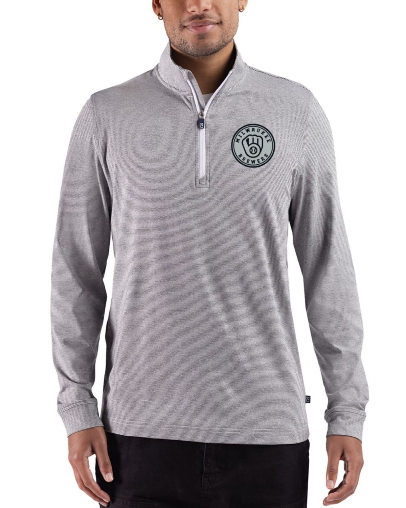 Men's Milwaukee Brewers Cutter & Buck Mono Black Heather/White Adapt Soft Knit Stripe Quarter Zip Pullover