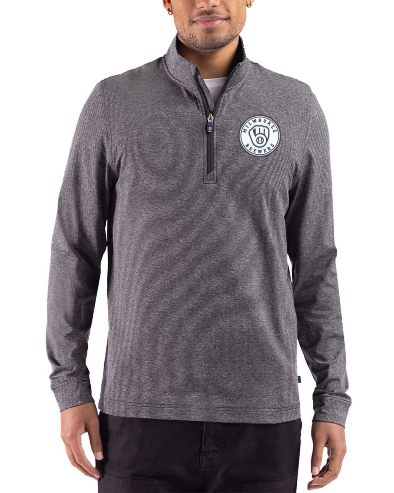 Men's Milwaukee Brewers Cutter & Buck Mono Black Heather Adapt Soft Knit Stripe Quarter Zip Pullover