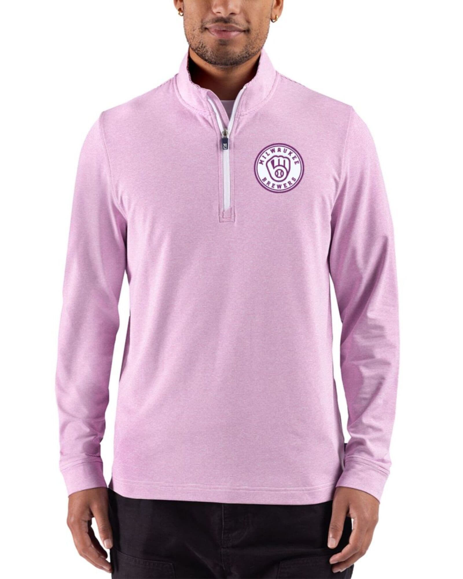 Men's Milwaukee Brewers Cutter & Buck Mono Gelato Heather/White Adapt Soft Knit Stripe Quarter Zip Pullover
