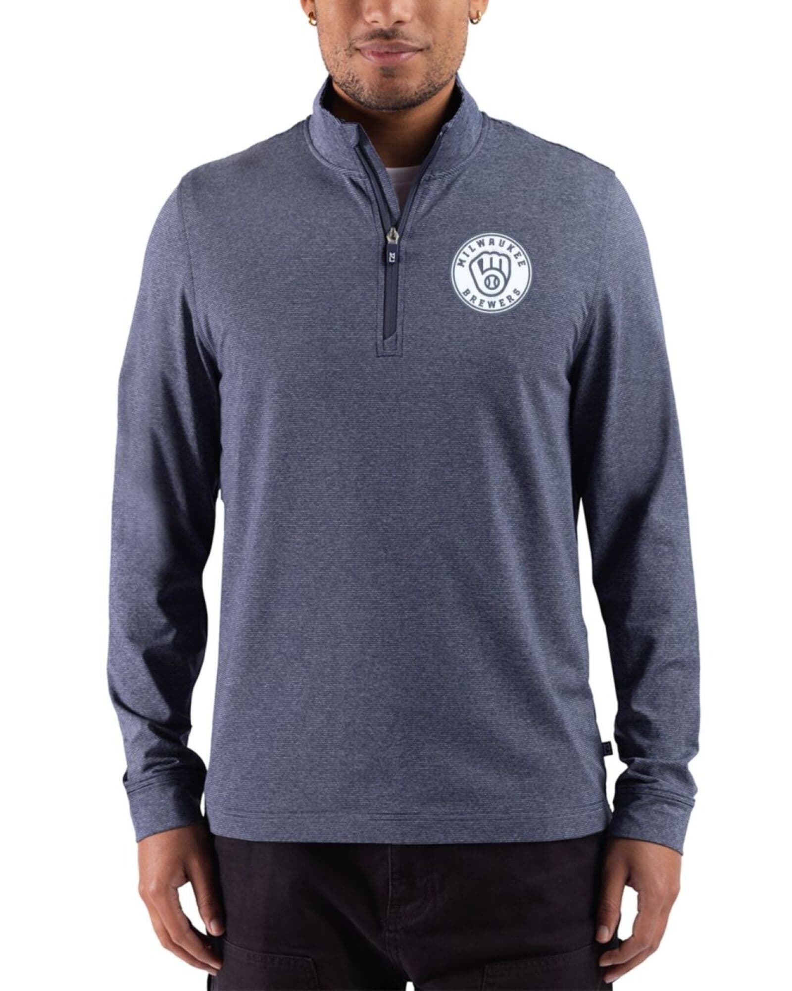 Men's Milwaukee Brewers Cutter & Buck Mono Navy Blue Heather Adapt Soft Knit Stripe Quarter Zip Pullover