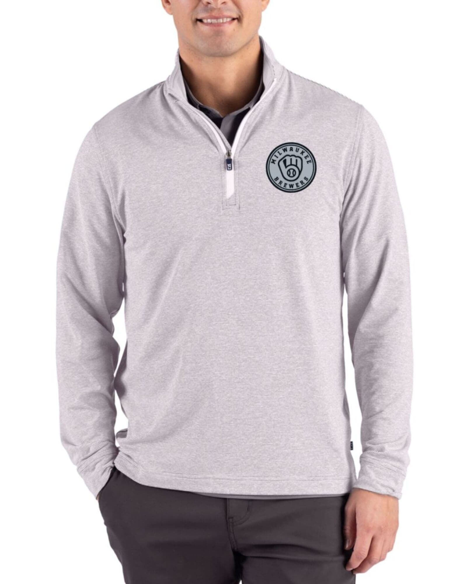 Men's Milwaukee Brewers Cutter & Buck Mono Polished Heather/White Adapt Soft Knit Stripe Quarter Zip Pullover
