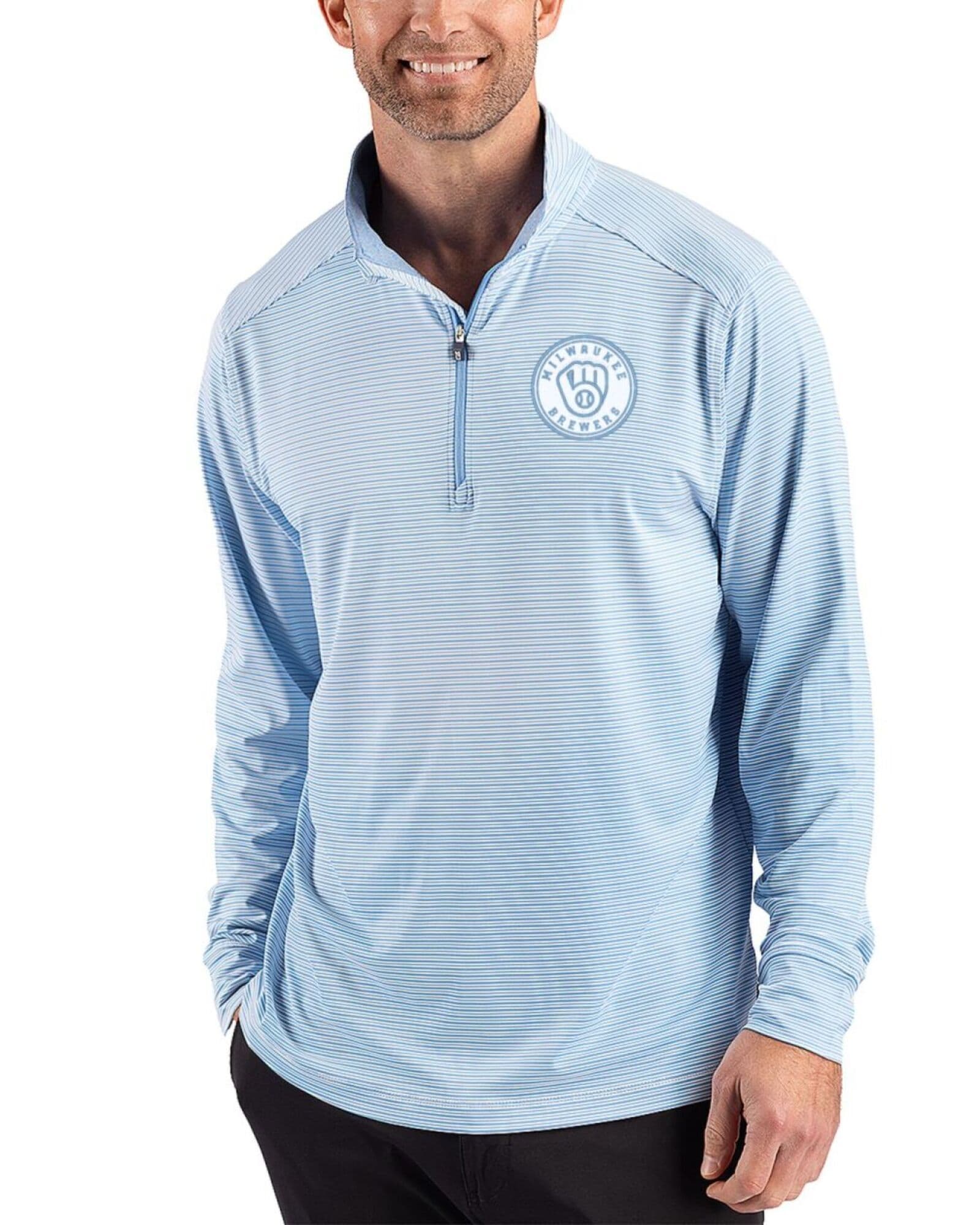 Men's Milwaukee Brewers Cutter & Buck Mono Atlas/White Forge Double Stripe Four-Way Stretch Quarter Zip Pullover