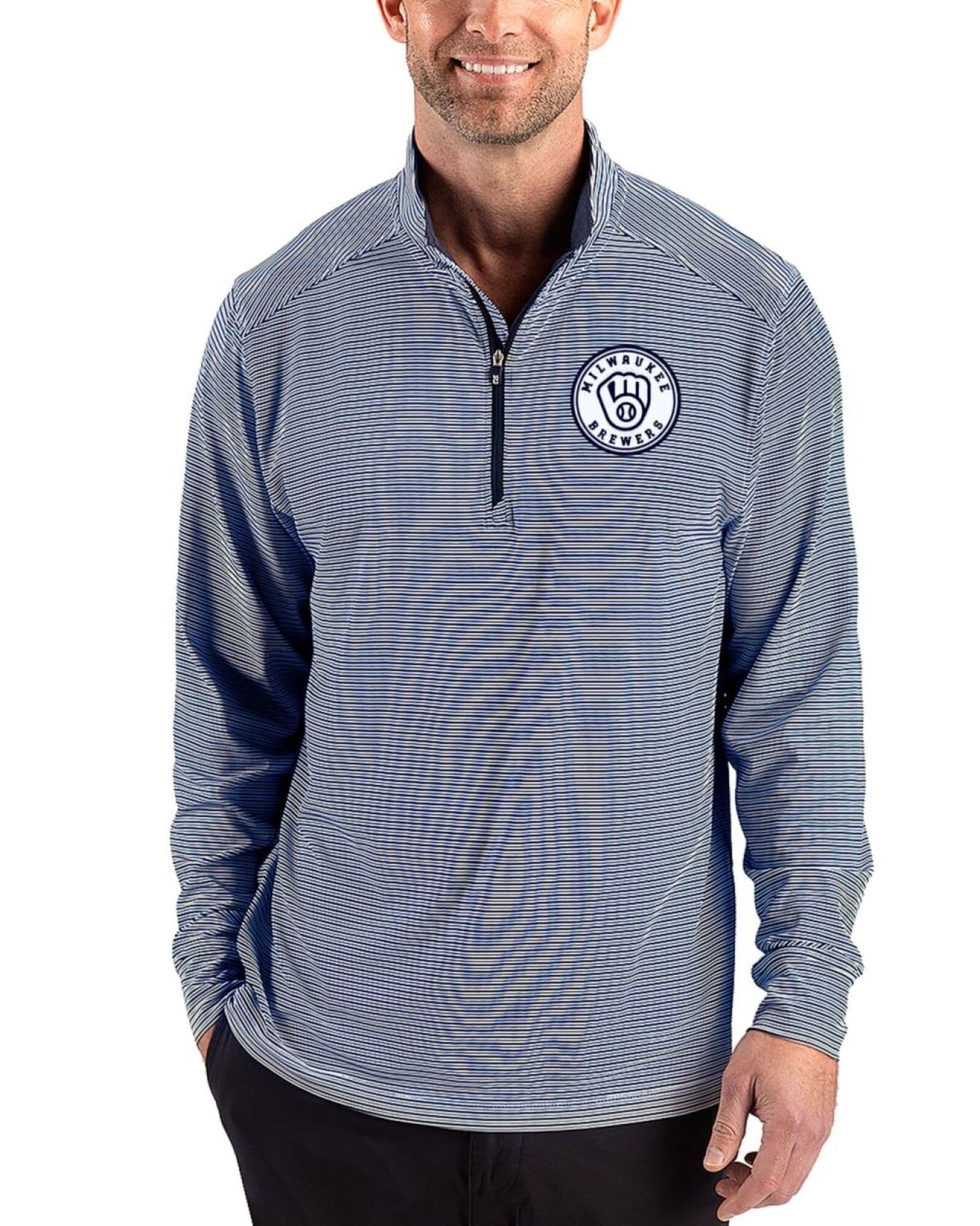Men's Milwaukee Brewers Cutter & Buck Mono Navy Blue/White Forge Double Stripe Four-Way Stretch Quarter Zip Pullover