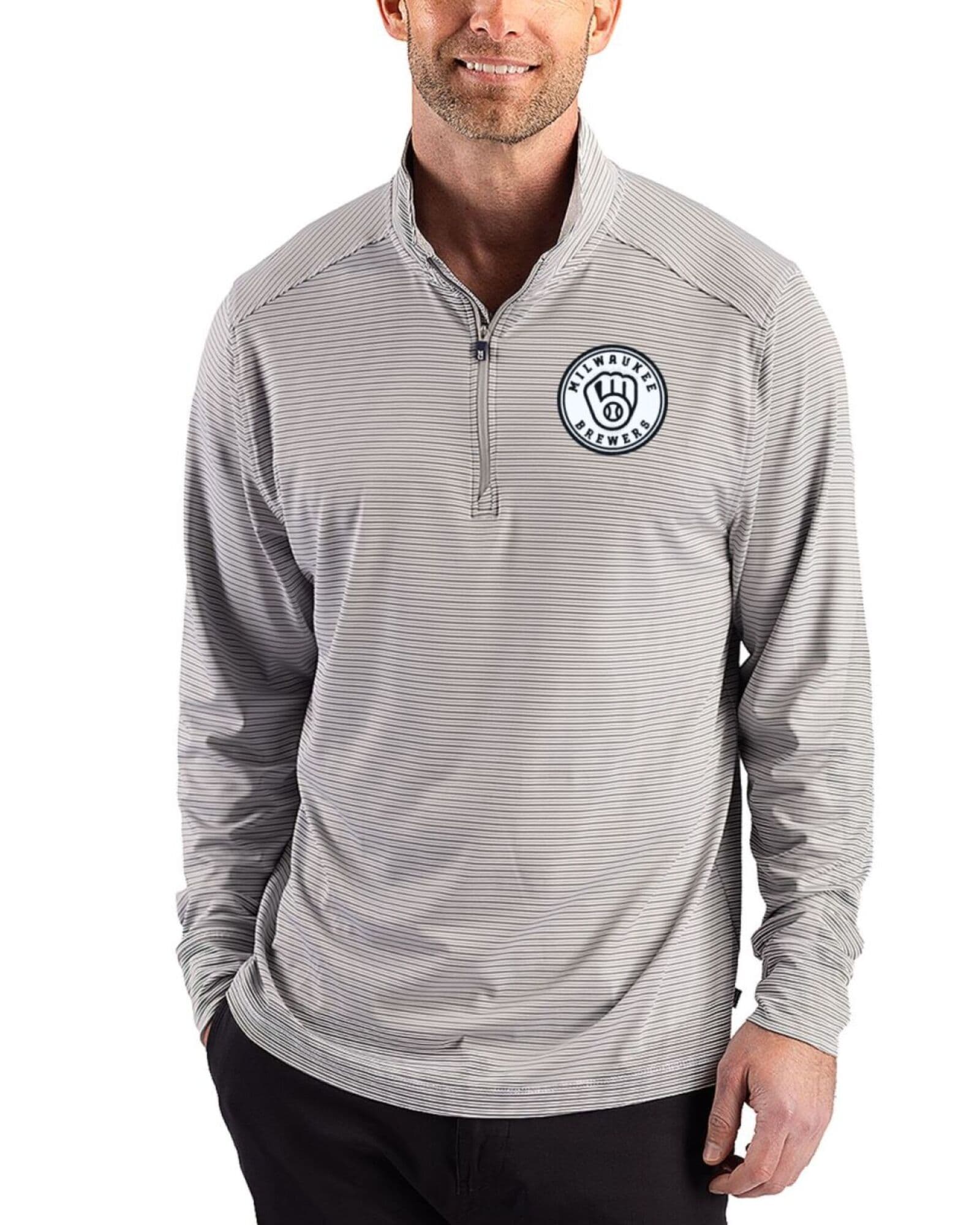 Men's Milwaukee Brewers Cutter & Buck Mono Polished/White Forge Double Stripe Four-Way Stretch Quarter Zip Pullover