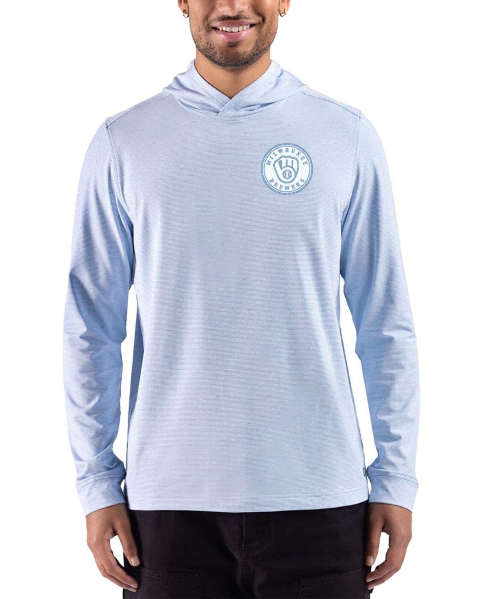 Men's Milwaukee Brewers Cutter & Buck Mono Atlas Heather/White Adapt Soft Knit Stripe Hooded Pullover