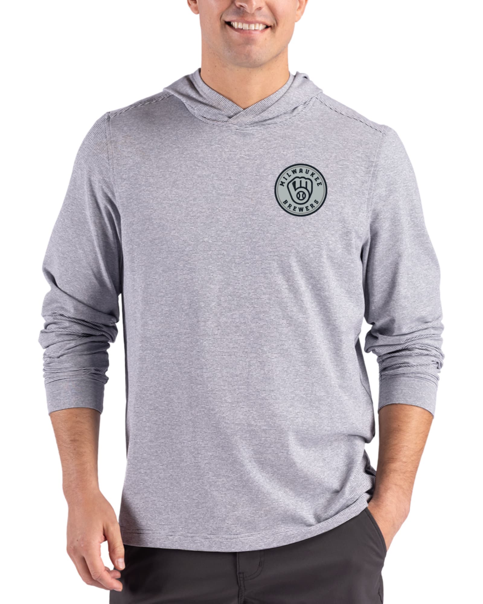 Men's Milwaukee Brewers Cutter & Buck Mono Black Heather/White Adapt Soft Knit Stripe Hooded Pullover