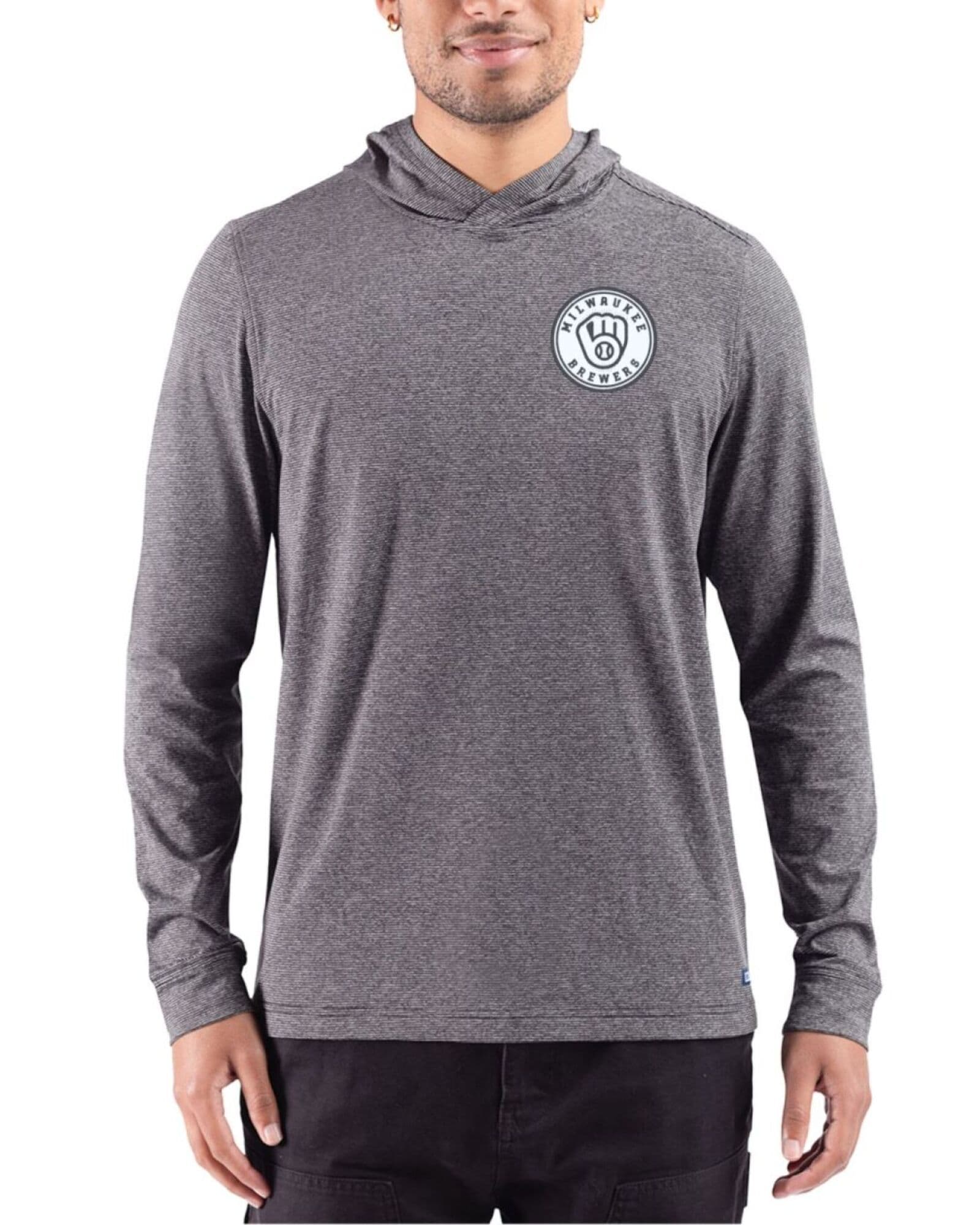 Men's Milwaukee Brewers Cutter & Buck Mono Black Heather Adapt Soft Knit Stripe Hooded Pullover