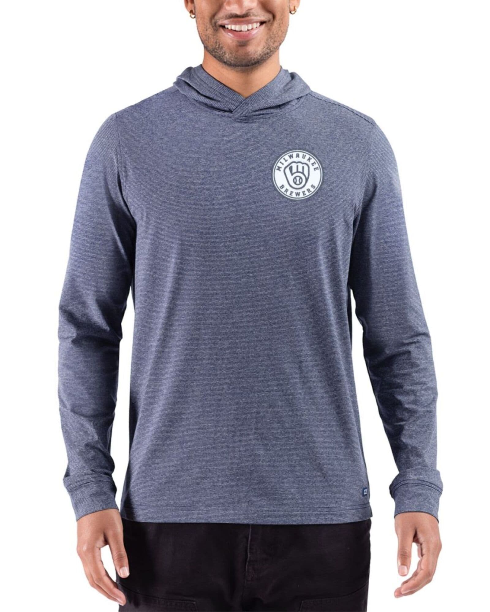 Men's Milwaukee Brewers Cutter & Buck Mono Navy Blue Heather Adapt Soft Knit Stripe Hooded Pullover