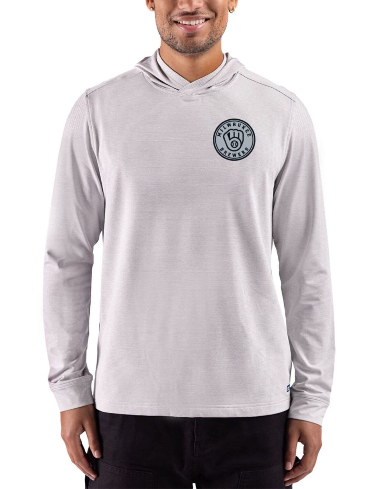 Men's Milwaukee Brewers Cutter & Buck Mono Polished Heather/White Adapt Soft Knit Stripe Hooded Pullover