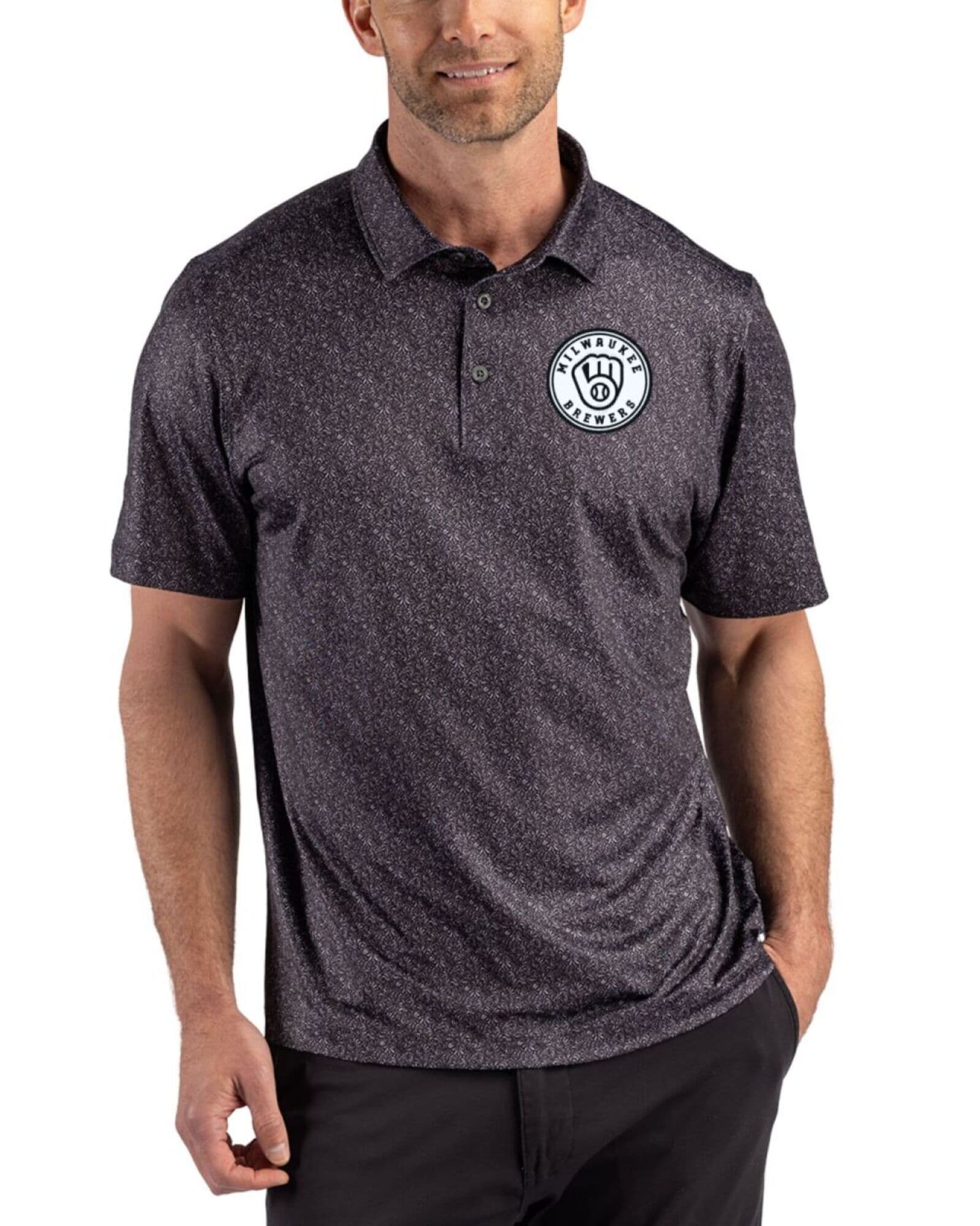 Men's Milwaukee Brewers Cutter & Buck Mono Black Pike Fern Print Polo