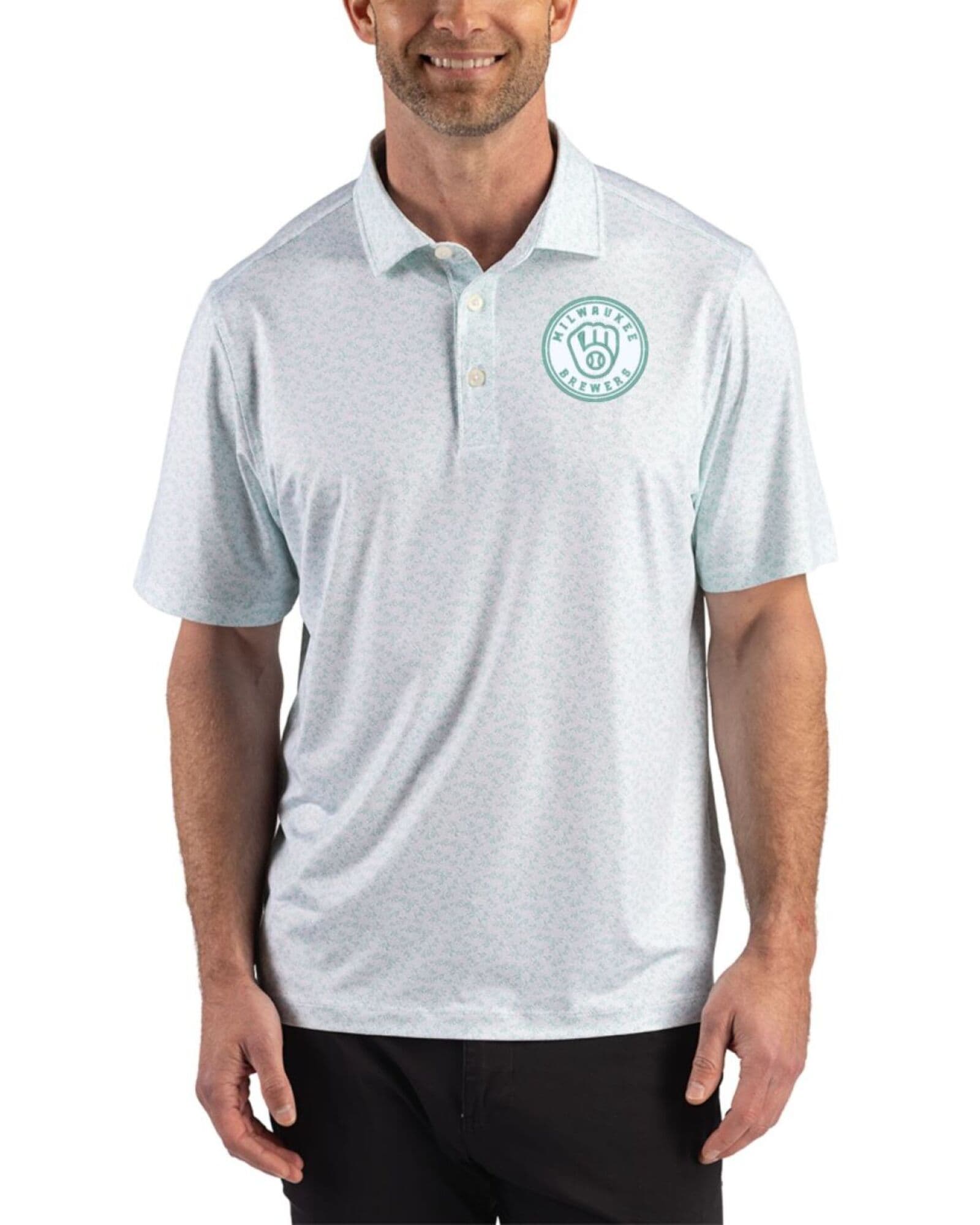 Men's Milwaukee Brewers Cutter & Buck Mono Fresh Mint Pike Fern Print Polo